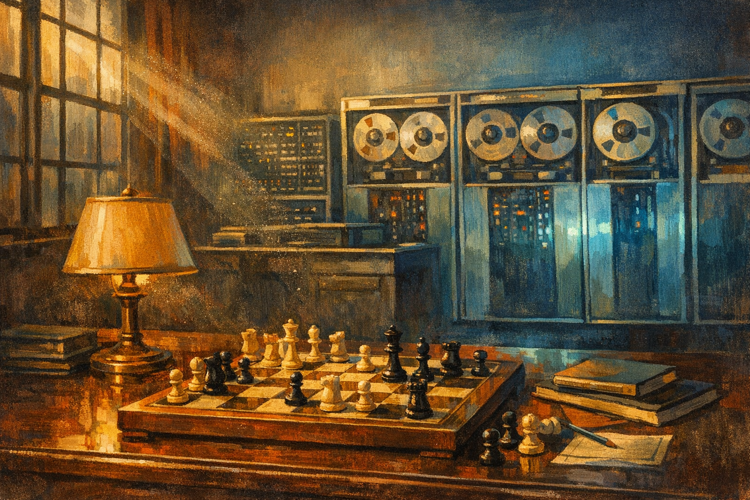 A wooden checkerboard with mid-game pieces sits on a mahogany desk in a 1950s scientific laboratory, mainframe tape reels visible in the background, warm lamp light mixing with blue machine glow.