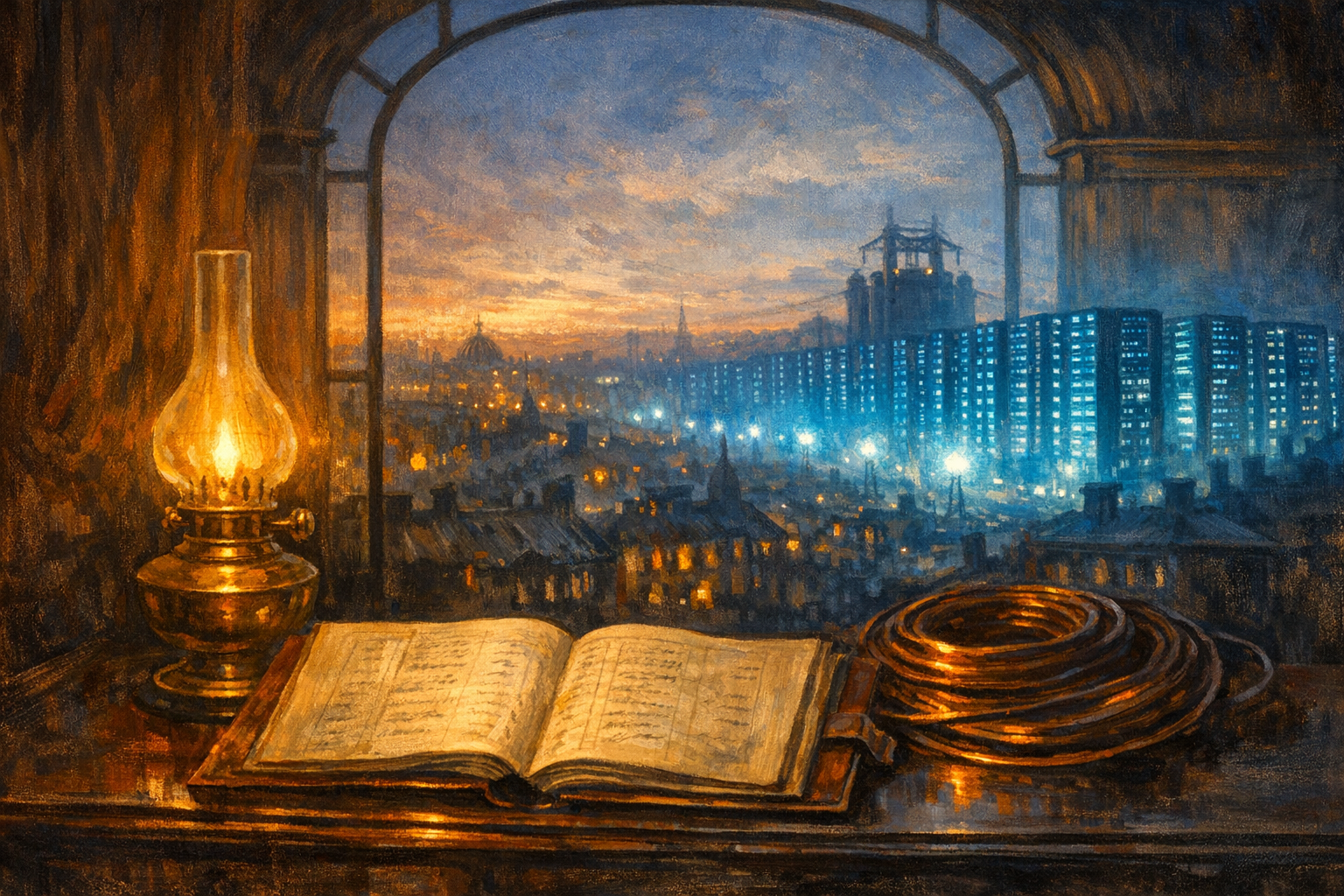 A Belle-Époque Paris office in 1887: mahogany desk with a ledger and coils of copper wire by oil-lamp light; through the window, dawn breaks over a cityscape that dissolves into a modern hyperscale data centre.