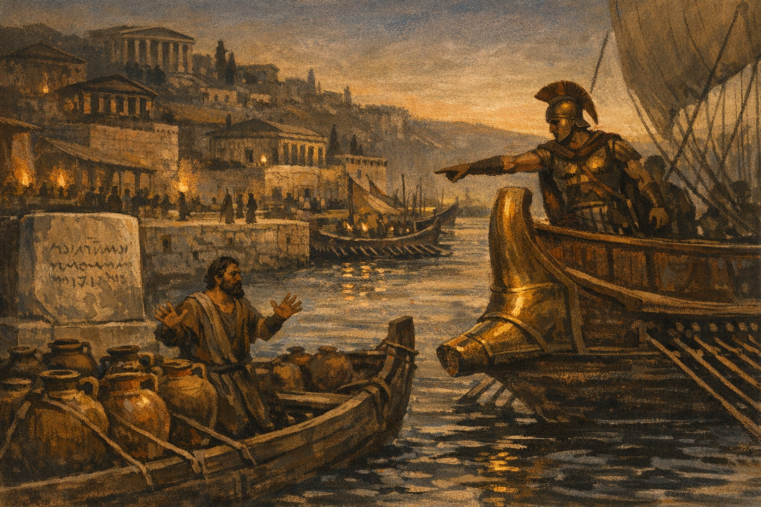 An Athenian trireme turns away a small Megarian merchant boat laden with olive oil at the harbour of Piraeus at dusk, 432 BC. Editorial illustration, muted sepia and terracotta palette.