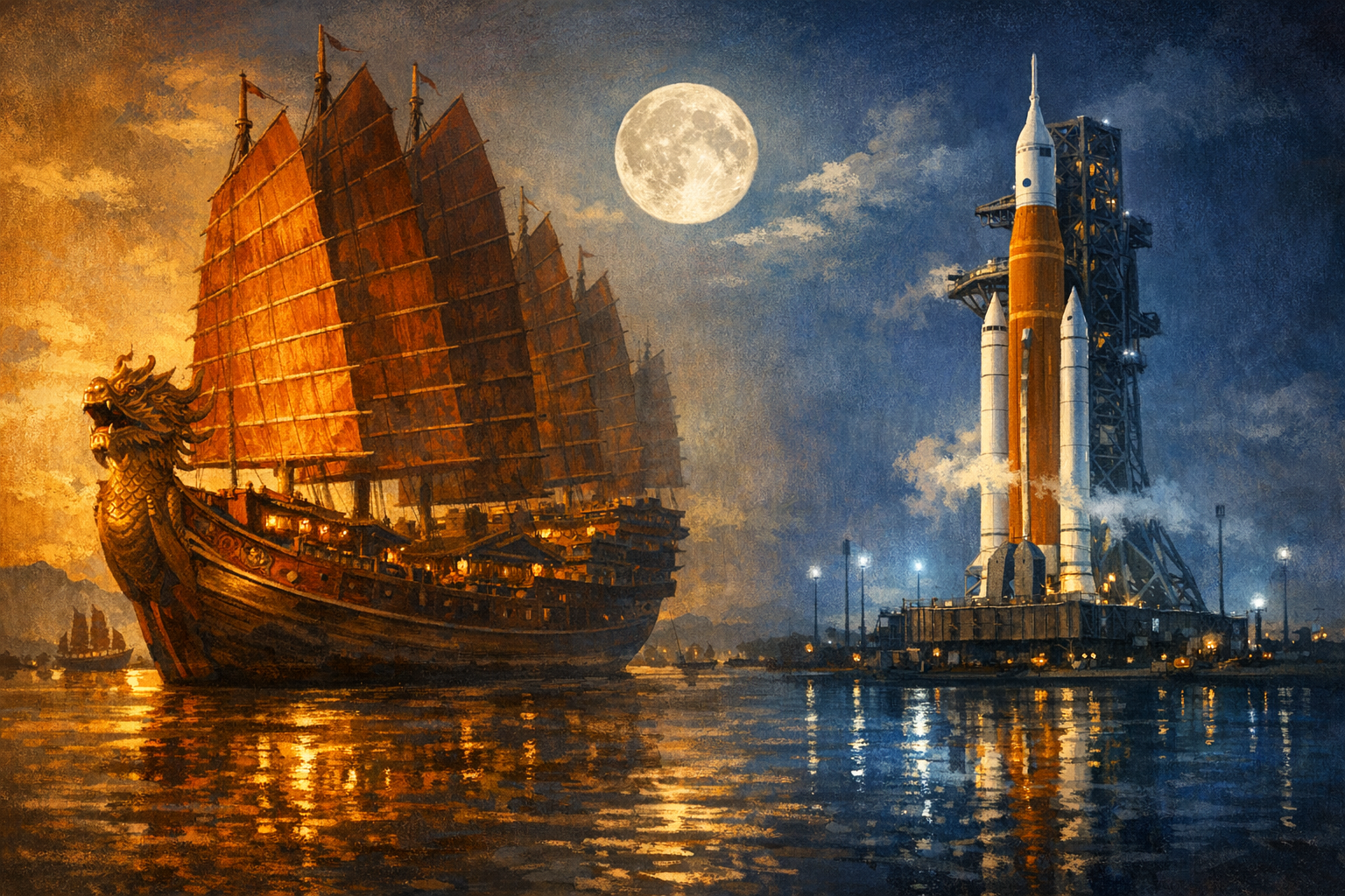 A Chinese treasure ship with towering red-and-gold sails beside a modern SLS rocket, the Moon connecting both ages of exploration.