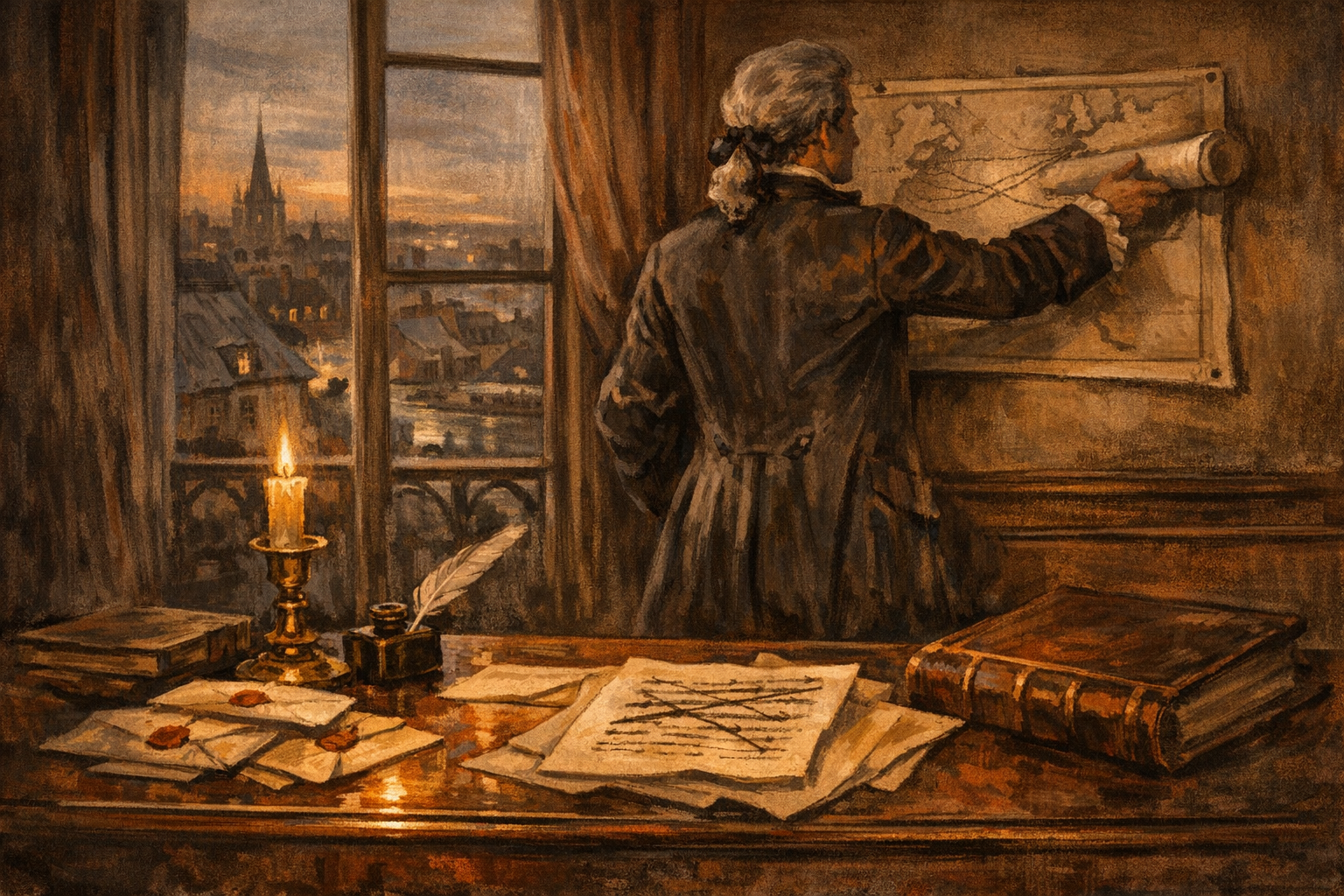 Beaumarchais at his desk in a candlelit Parisian study in 1776, reaching for an Atlantic naval chart while a theatrical manuscript lies open beside letters and an inkwell. Editorial illustration, sepia and terracotta palette.