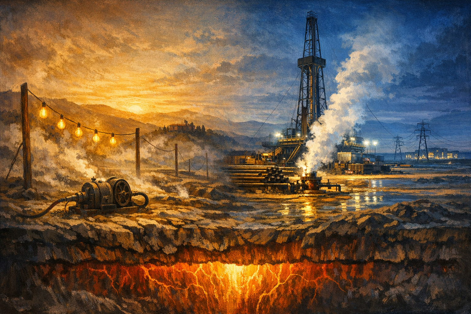 A split composition: a 1904 Tuscan valley with steam vents and glowing light bulbs on the left, a modern geothermal drilling rig in the Utah desert on the right, connected by the glowing heat of the earth beneath.