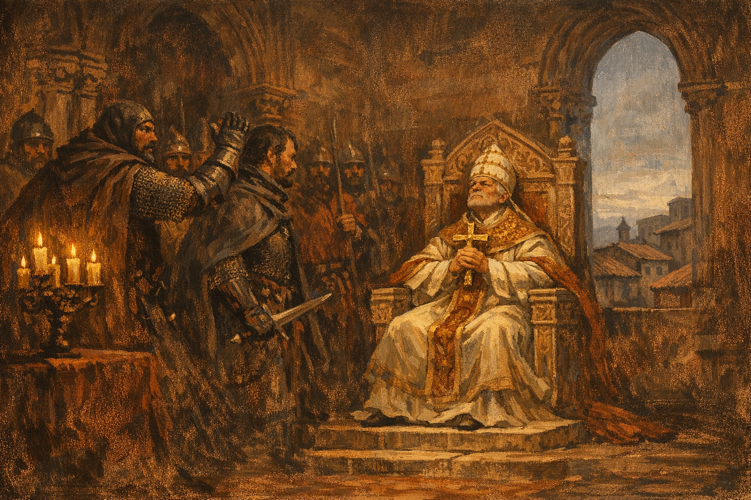 Pope Boniface VIII seated defiantly on his throne at Anagni as soldiers confront him, 1303. Editorial illustration, sepia and terracotta palette.
