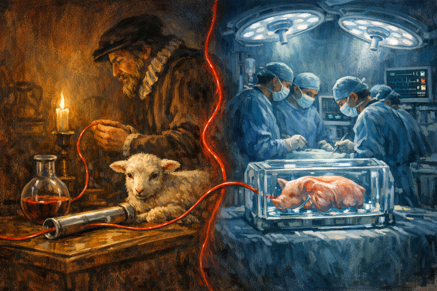 A split composition: a 1667 Parisian physician with a lamb and silver tube by candlelight on the left, a modern surgeon with a pig kidney under surgical lights on the right, connected by a thin red line.