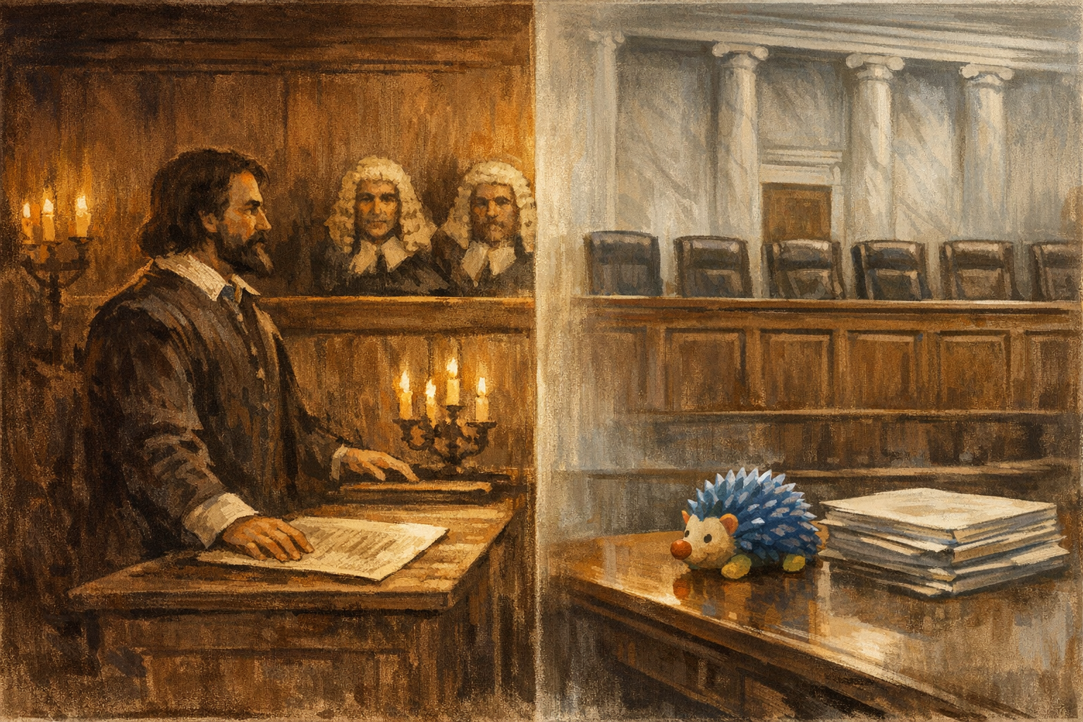 Split composition: 17th-century English courtroom with John Hampden before judges on the left; modern Supreme Court chamber with a toy hedgehog on the petitioner's table on the right. Editorial illustration, sepia and terracotta palette.