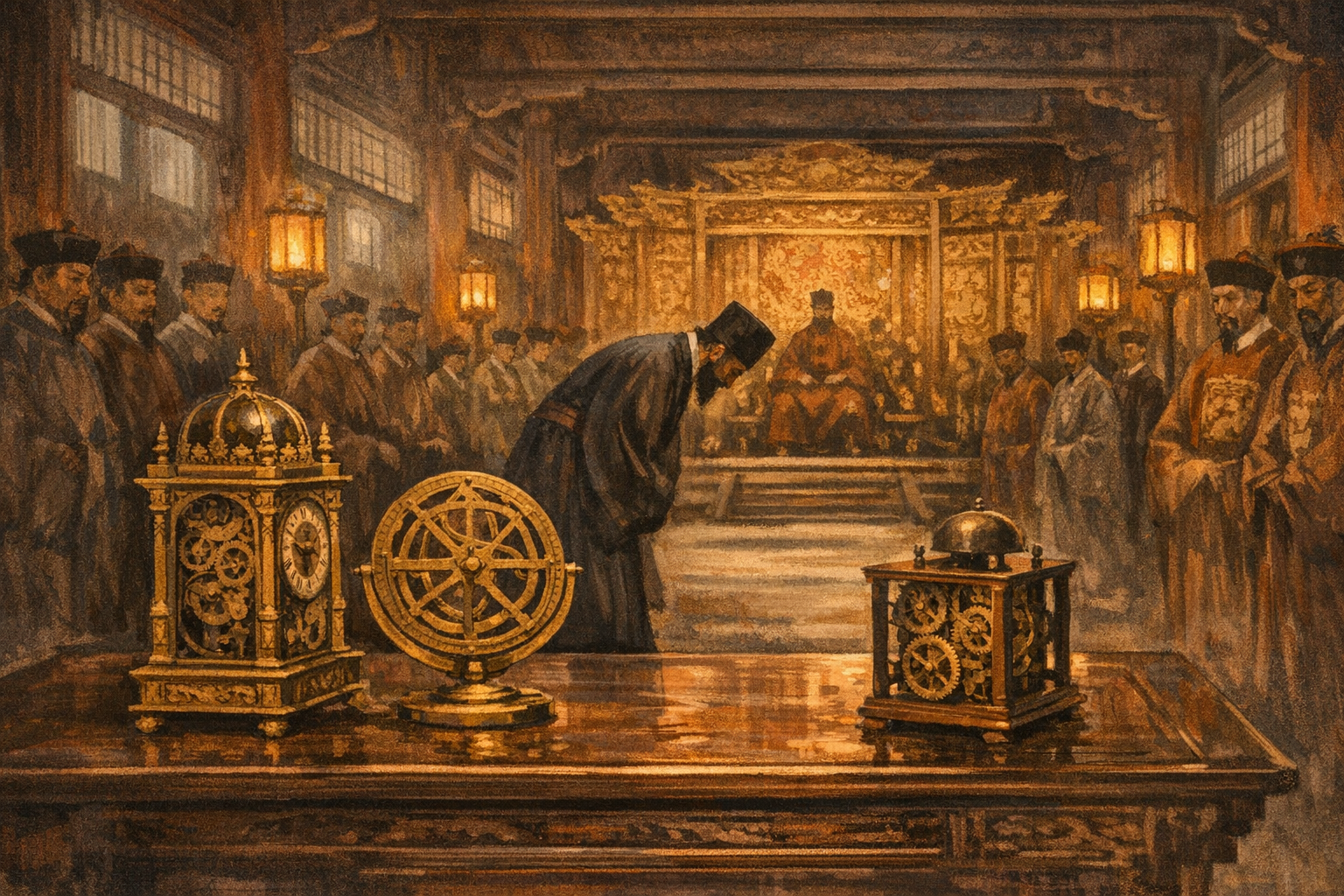 A Chinese imperial audience chamber in 1601: two ornate European mechanical clocks and a brass astrolabe on a table, a European man in Confucian robes bowing toward the imperial screen. Editorial illustration, sepia and terracotta palette.