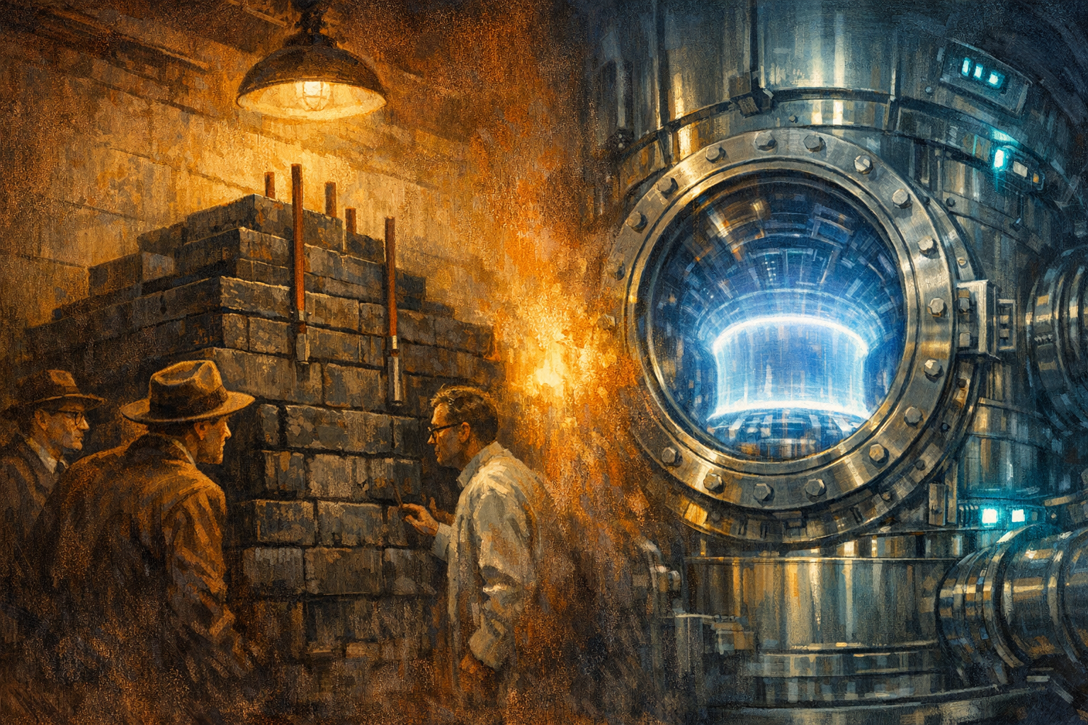 A split composition: Chicago Pile-1 graphite blocks under amber work lights on the left, KSTAR tokamak glowing blue plasma on the right, connected by a point of nuclear fire.
