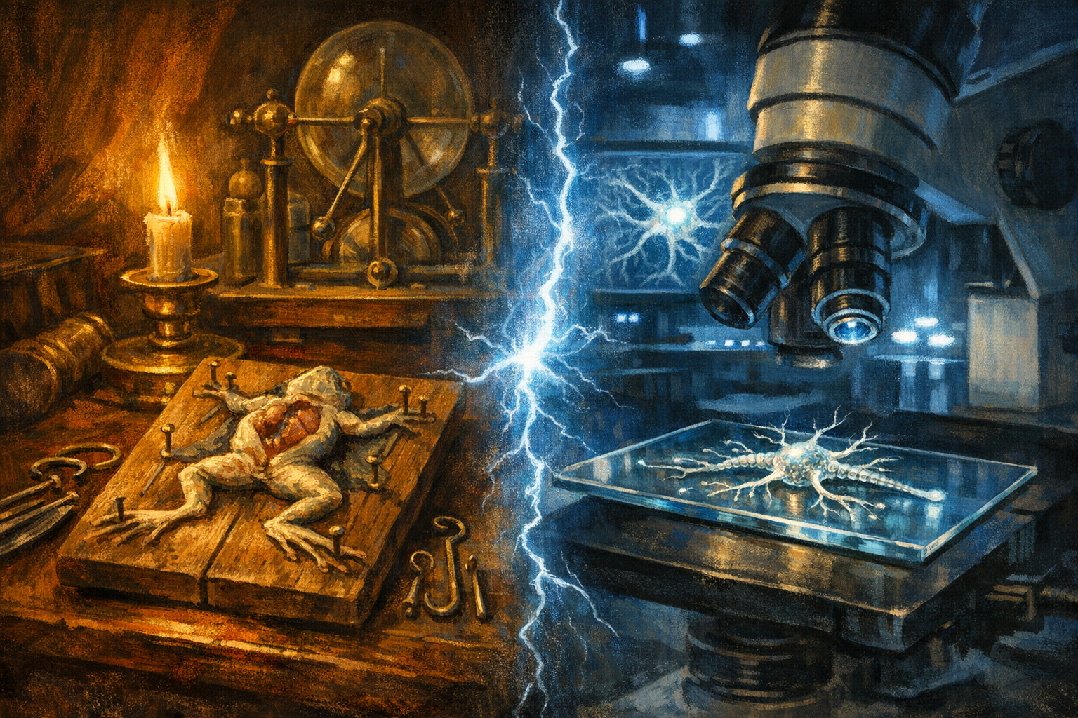 A split composition: Galvani's 1780 frog experiment by candlelight on the left, a modern artificial neuron interfacing with brain tissue under blue lab light on the right, connected by an electric arc.