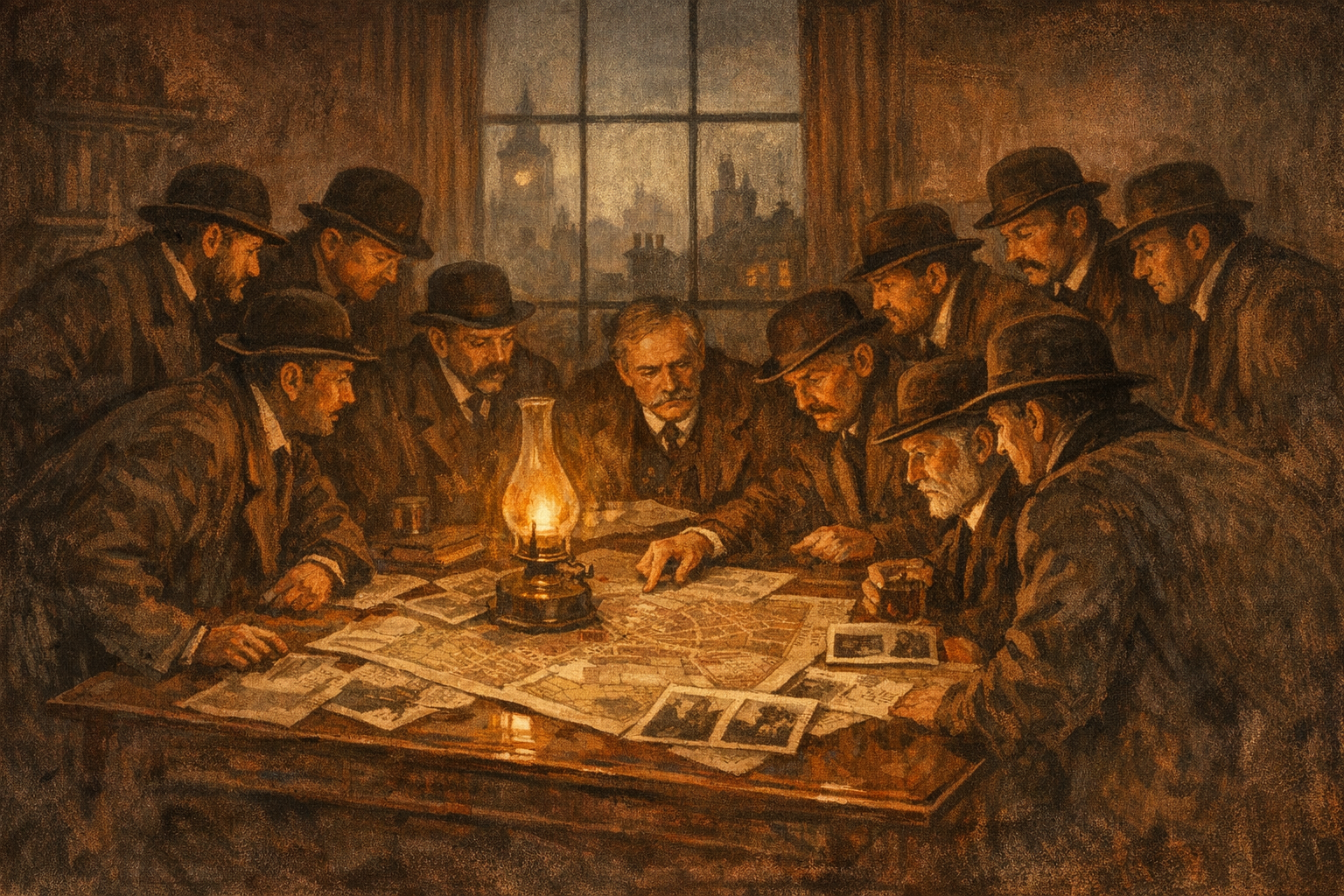 Twelve detectives in bowler hats gathered around a desk at Scotland Yard in 1883, maps of London and newspaper clippings spread before them, gas lamp casting warm amber light. Editorial illustration, sepia palette.