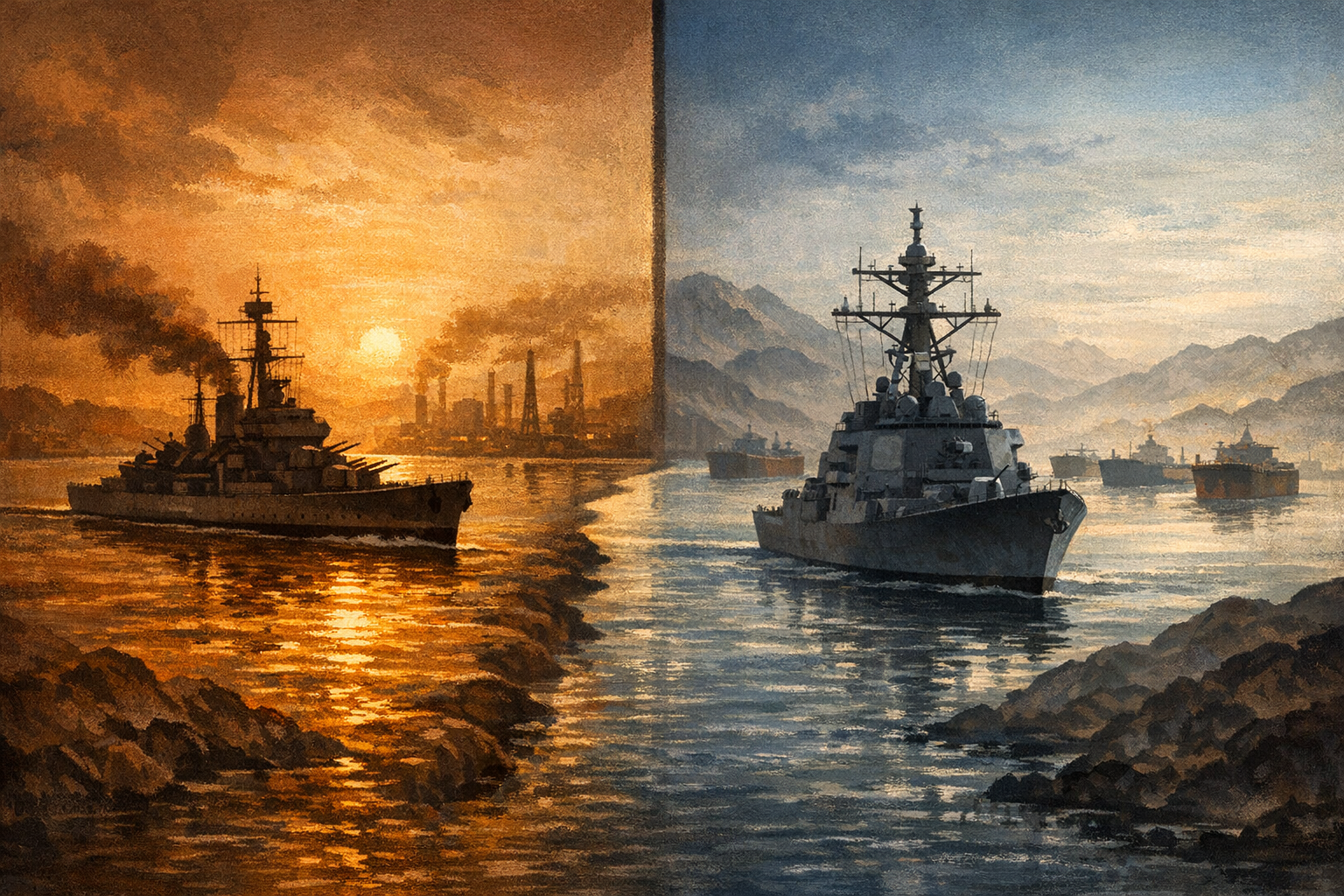 A split composition showing a 1950s British warship blockading Abadan on the left and a 2026 US Navy destroyer in the Strait of Hormuz on the right, connected by the same waterway across 75 years.