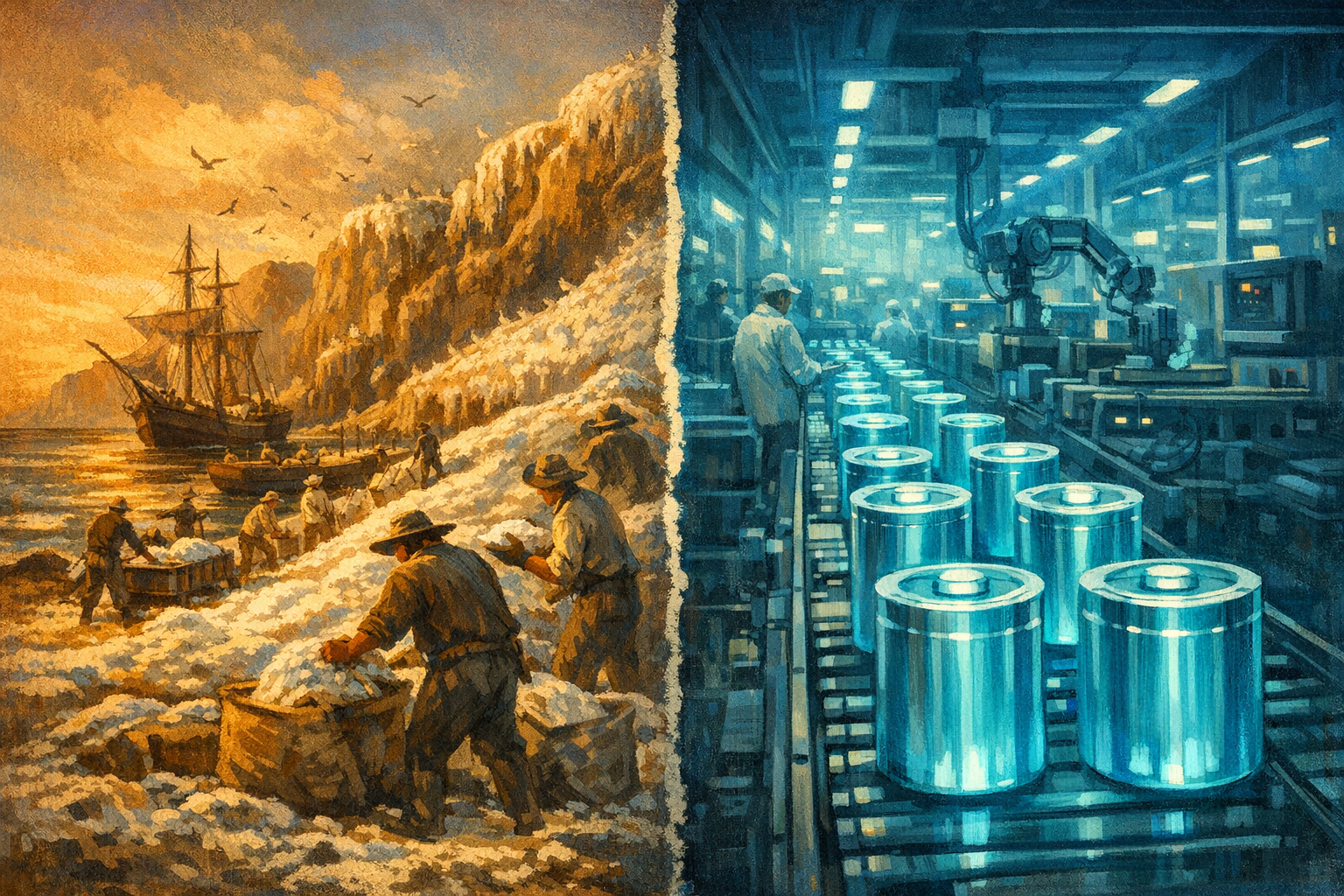 Split composition: a 19th-century guano island with workers on the left, a modern sodium-ion battery factory on the right. Editorial illustration, warm amber and cool cyan.
