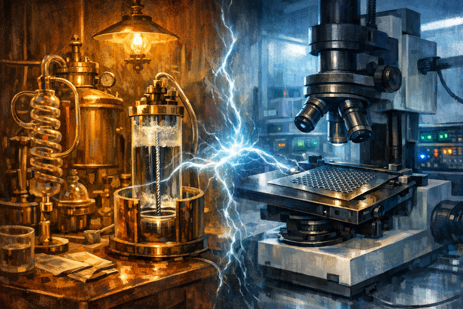 A split composition showing Kamerlingh Onnes's 1911 Leiden cryogenics lab on the left and a modern graphene research lab on the right, connected by a glowing electric current bridging 115 years.