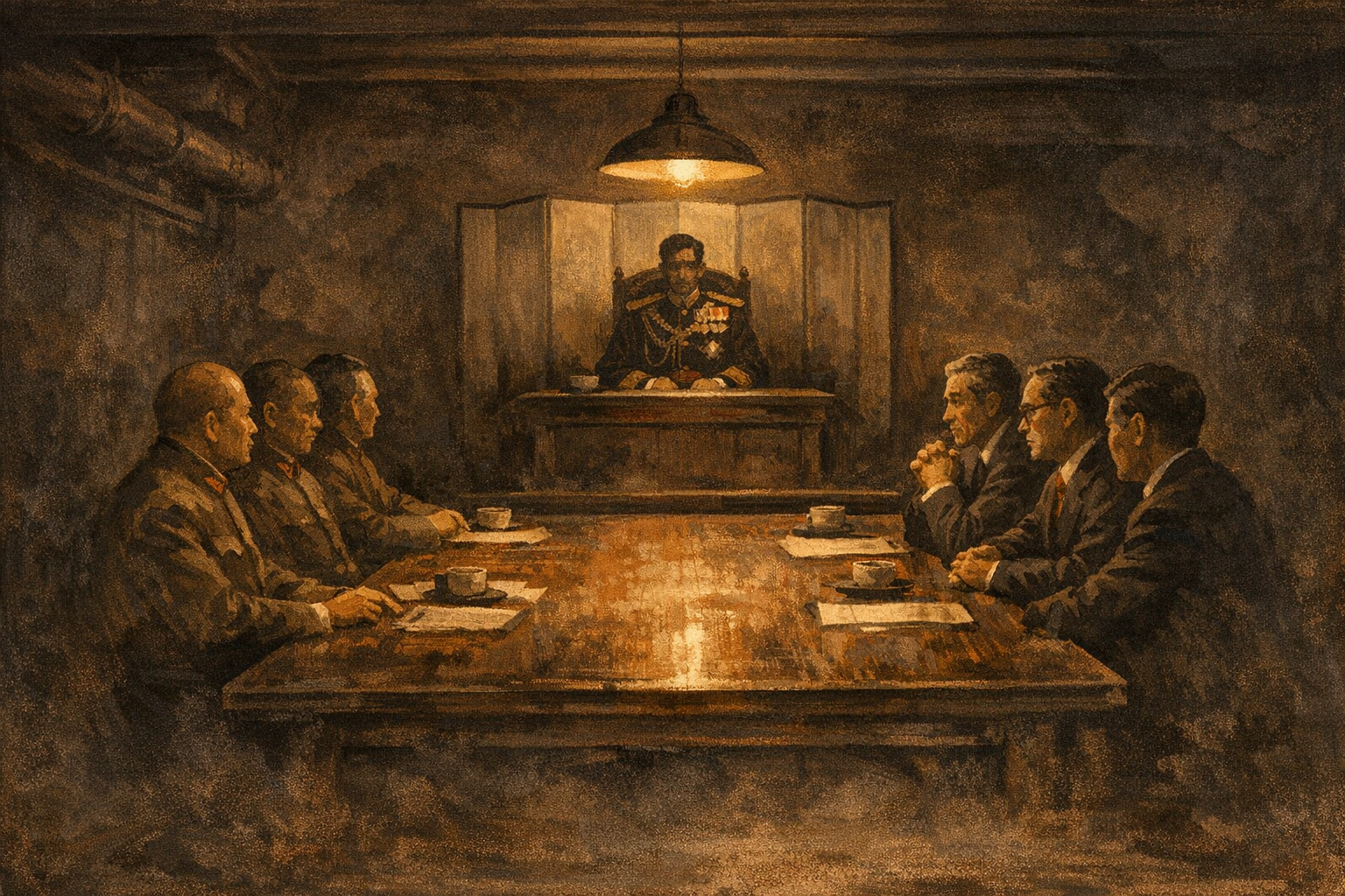 An underground conference room beneath the Imperial Palace in Tokyo, August 1945. Six men seated three on each side of a long table, divided. The Emperor on a dais at the head, face partially obscured. Editorial illustration, sepia palette.