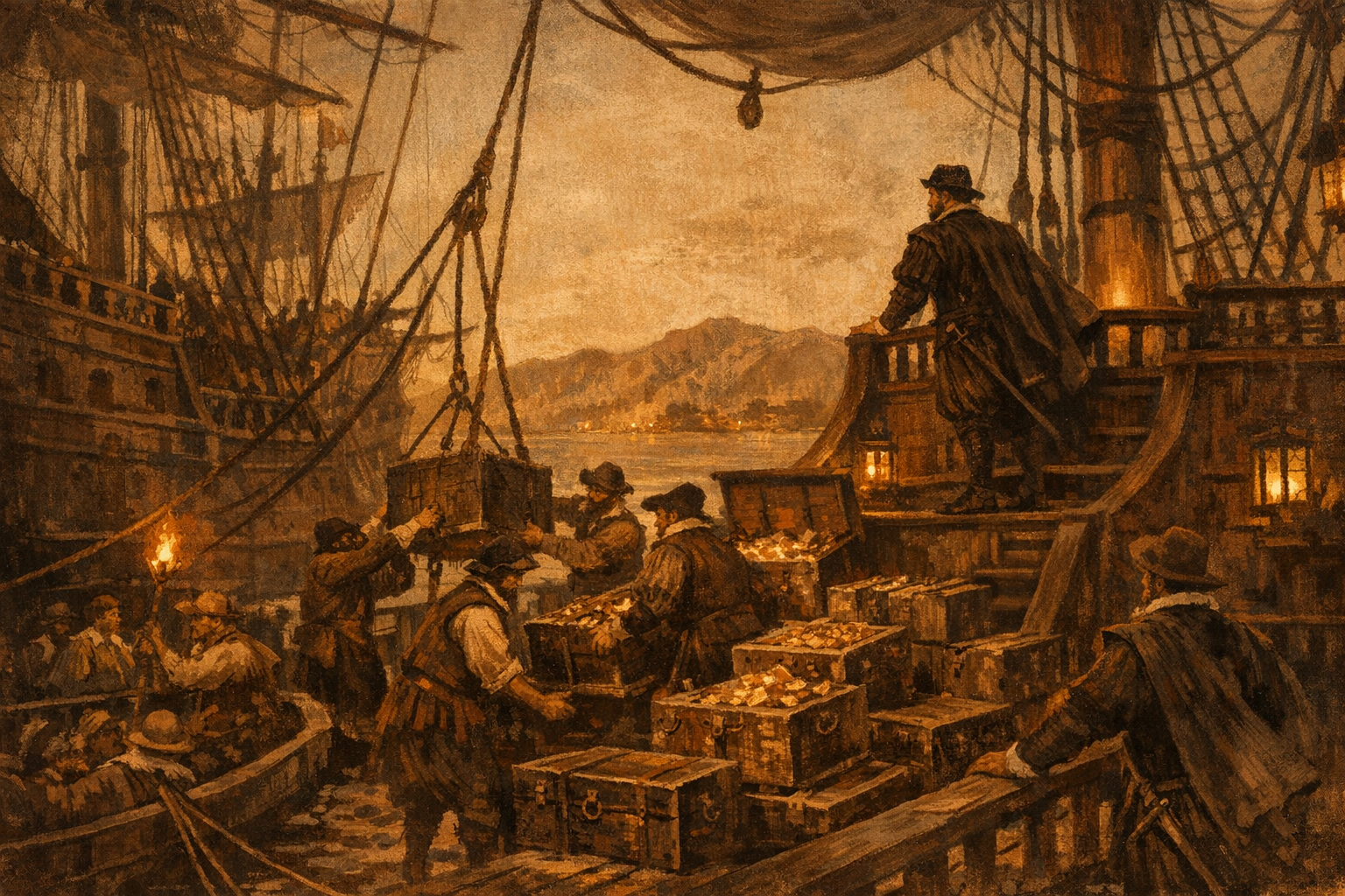 The deck of the Golden Hind in 1579, chests of silver and gold being hauled aboard from a captured Spanish galleon. Editorial illustration, sepia and terracotta palette.