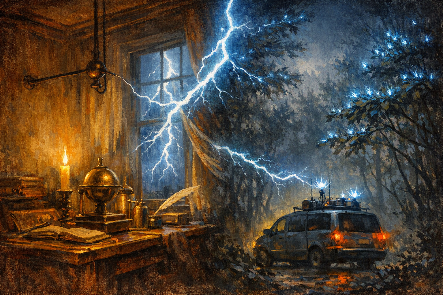 A split composition showing Richmann's 1753 study with lightning apparatus on the left and a forest with glowing treetops during a thunderstorm on the right, connected by atmospheric electricity.