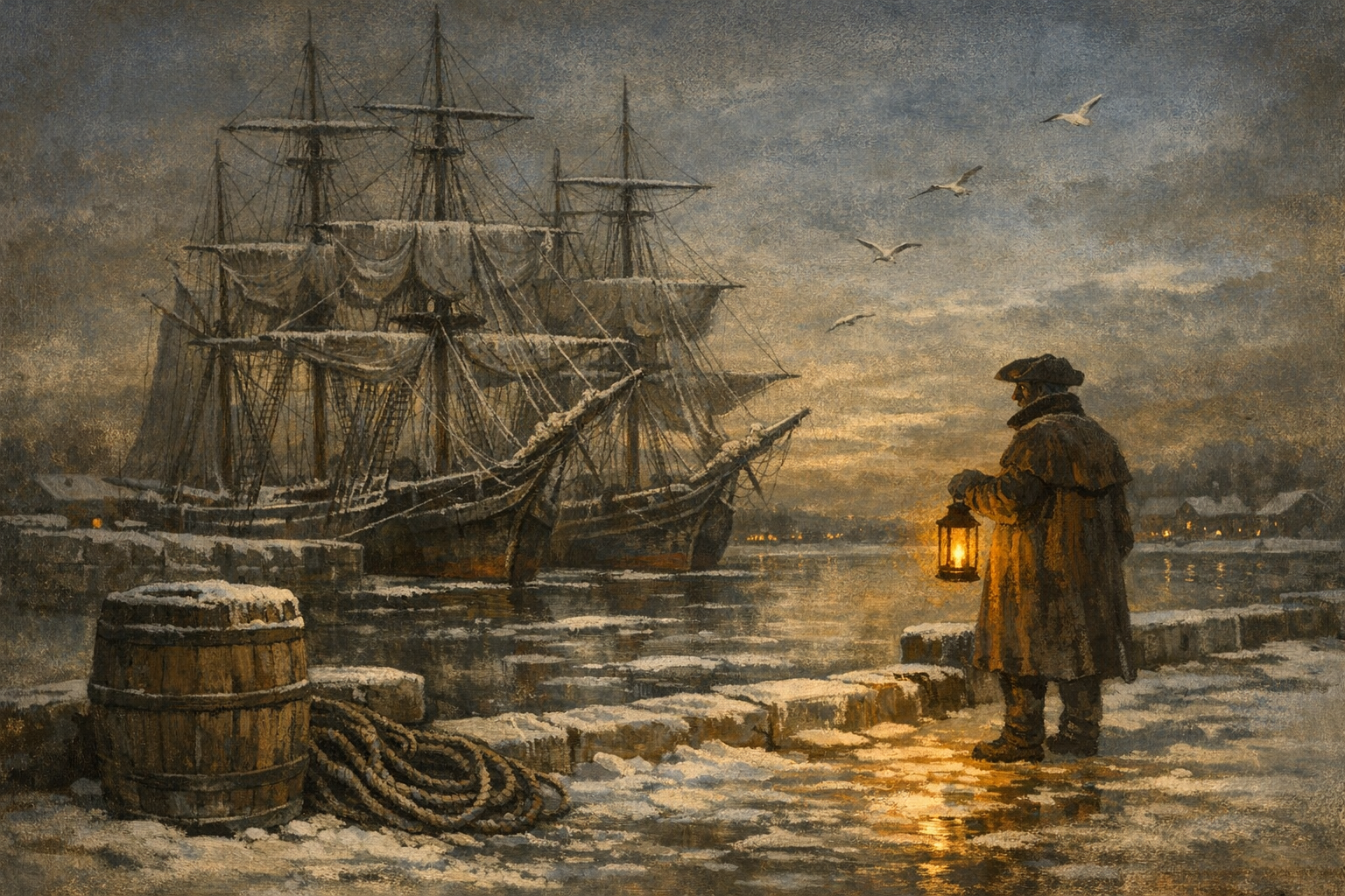 A snowbound New England harbour at dusk, January 1808. Three idle American merchant brigs tied up at a stone wharf, sails furled, an empty pier, a watchman with a lantern in the foreground. The stillness of Jefferson's Embargo.