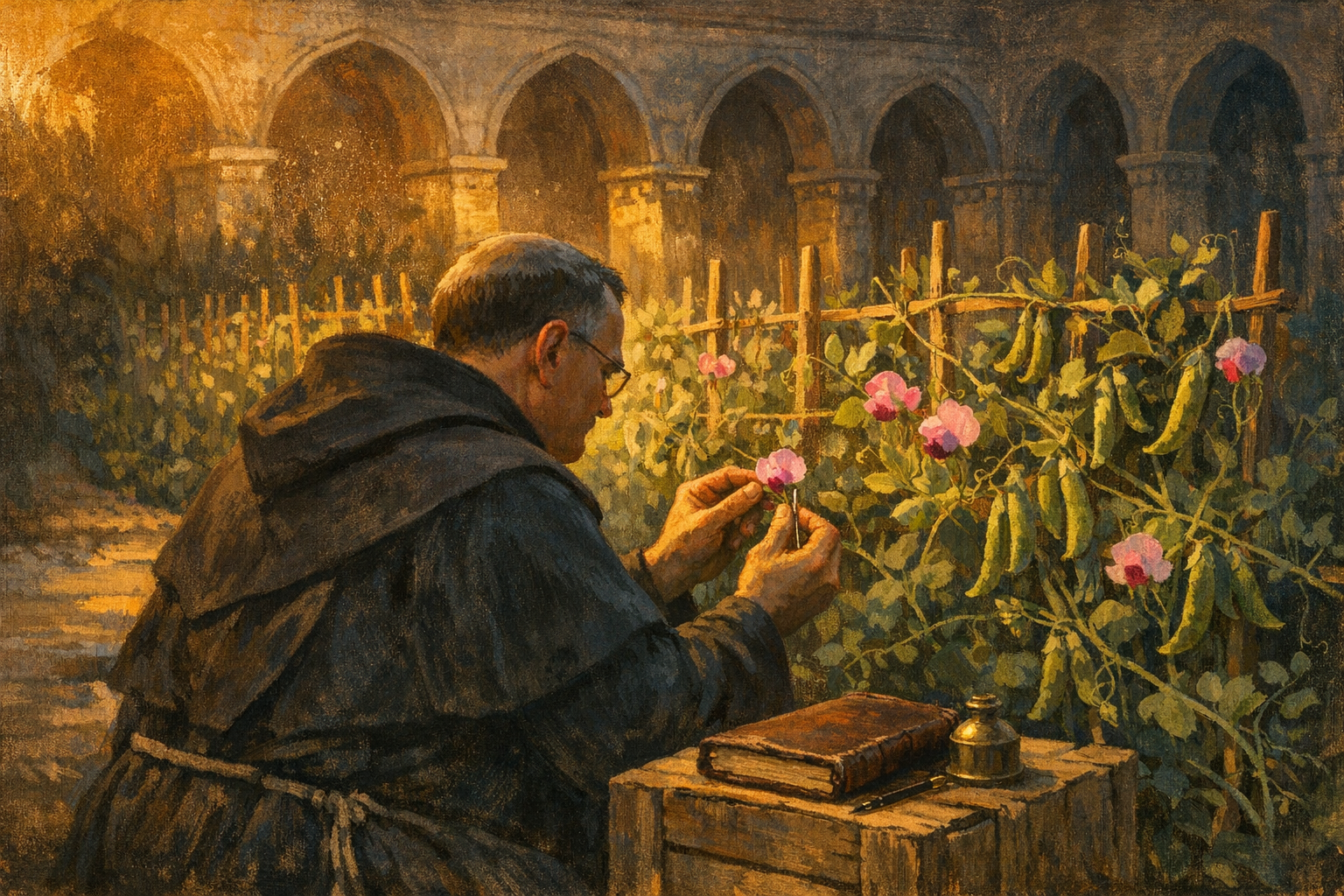 A nineteenth-century Augustinian friar kneeling among rows of flowering pea plants in a monastery garden at golden hour, cross-pollinating a single pink blossom with fine tweezers. A worn leather ledger rests on a crate beside him. The cloister arches glow amber behind, with cool blue shadow in the distance.