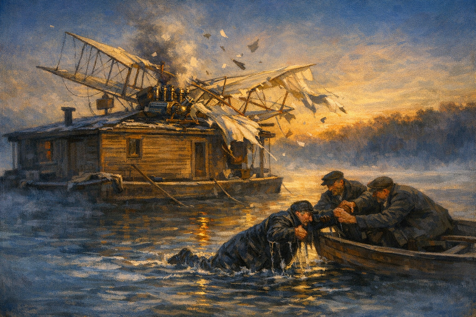 An editorial painting of December 1903 on the Potomac River at dawn: Samuel Langley's experimental Aerodrome flying machine has collapsed mid-launch from the roof of an anchored houseboat. The wooden tandem-winged frame is broken and fabric torn; the pilot in a dark overcoat is being pulled from the cold river by helpers in a small rowboat. Warm amber dawn light catches the shattered wing against cool blue river fog.