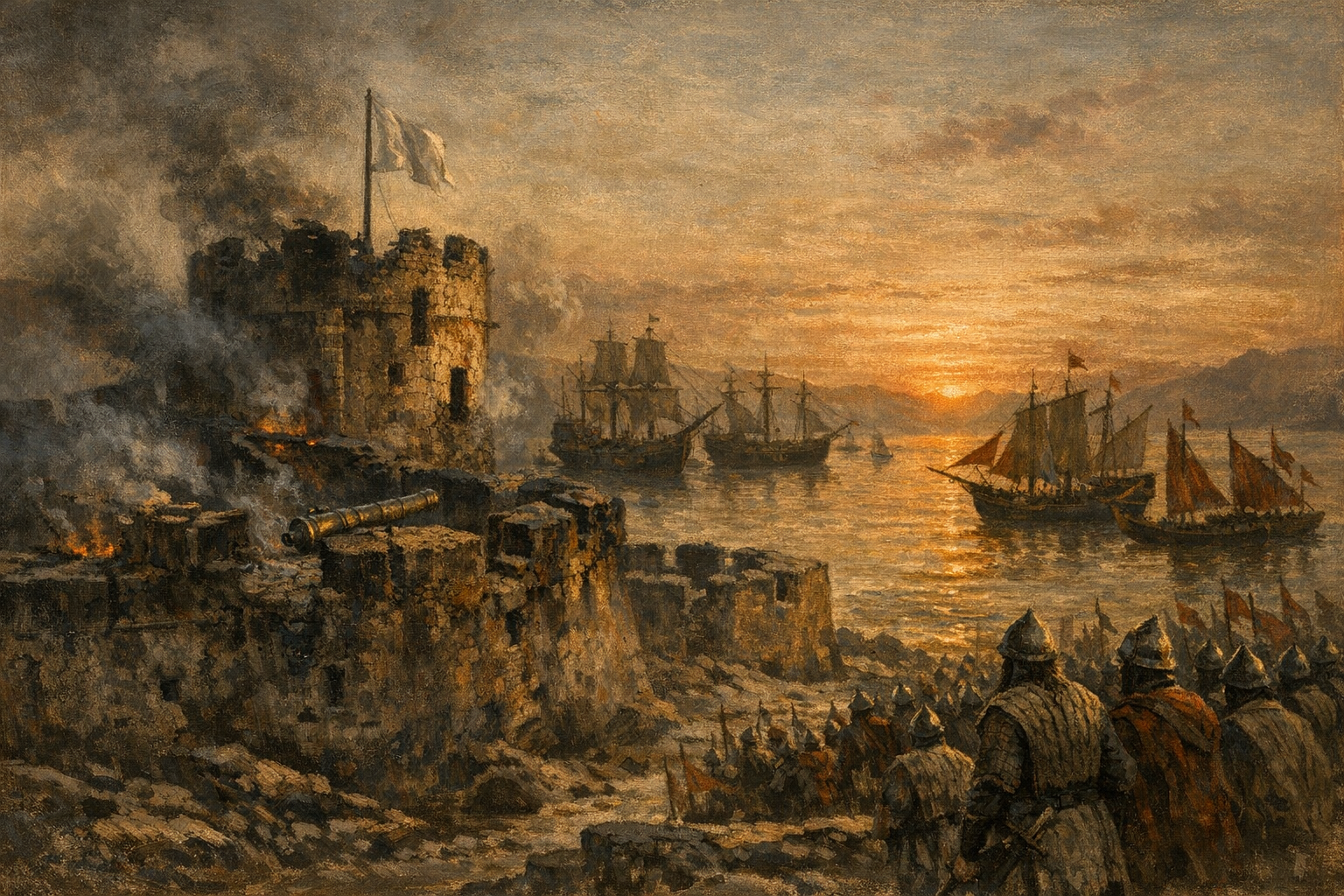 An editorial painting of dawn on April 23, 1622, at the mouth of the Persian Gulf. The Portuguese stone fortress of Ormuz stands on a salt-bleached island, scarred by two months of siege; a single white flag of surrender hangs from its highest tower. In the strait beyond lie a combined Anglo-Persian fleet of English East India Company warships and smaller pinnaces alongside Persian galleys with red banners. Warm terracotta dawn light catches the masonry against deep umber shadow and a band of steel-blue sea.