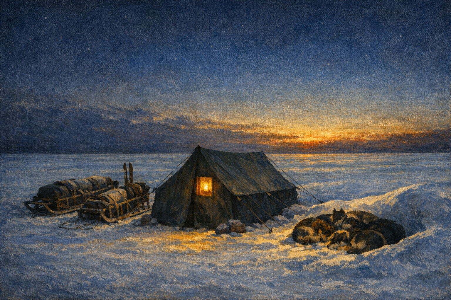 An editorial painting of November 1930 on the Greenland ice cap. A small canvas expedition tent stands alone, lit by a single warm amber kerosene lantern through one window; two laden wooden sledges and a curled-up dog team rest beside it. The polar twilight sky is deep indigo with a faint band of amber at the southern horizon, and a flat plain of pale blue ice stretches to the horizon. No human figure is visible.