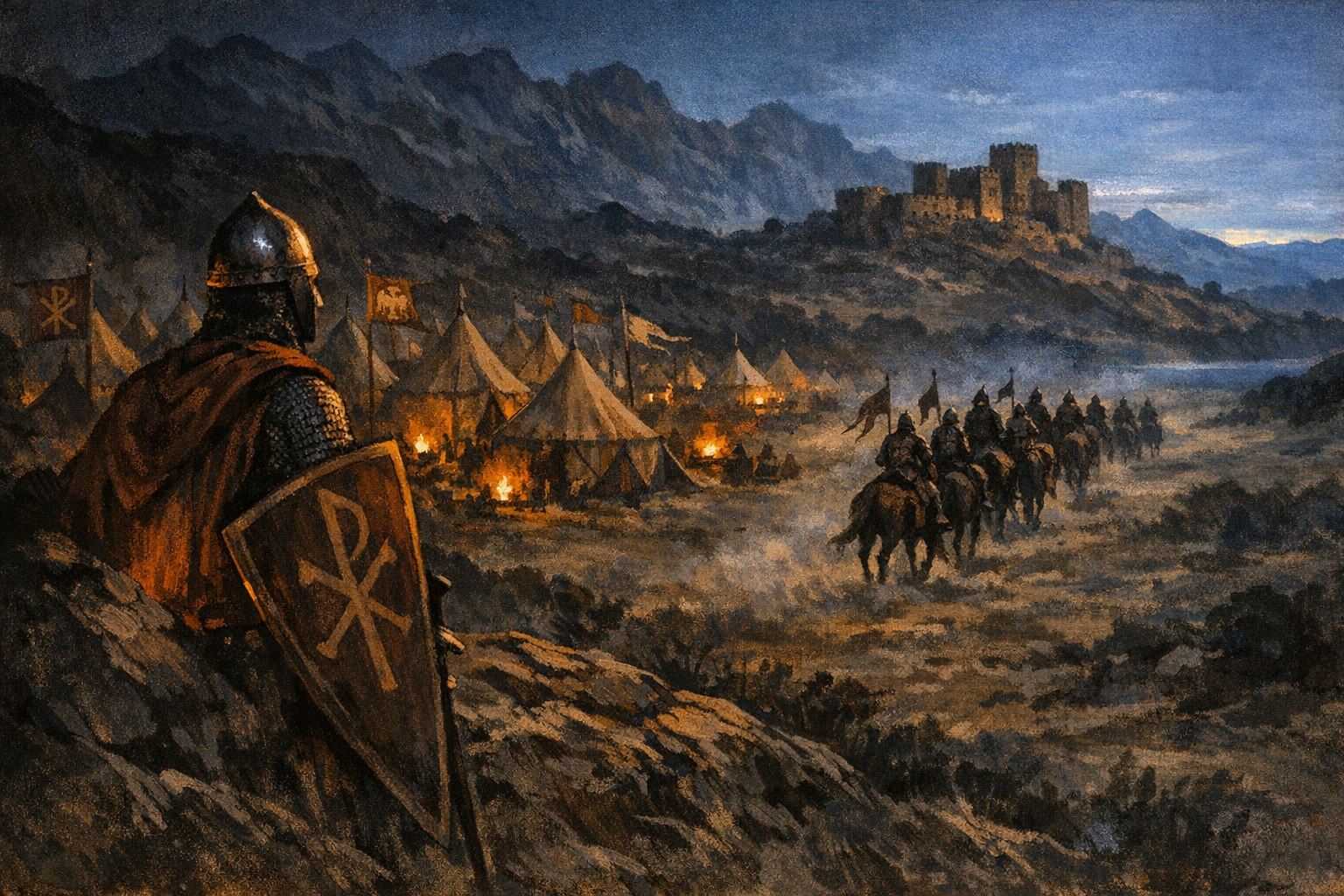 An editorial painting of the Byzantine military encampment at Manzikert in eastern Anatolia on the night of August 25, 1071. Conical canvas tents and warm gold campfires under cool blue moonlight, the small stone fortress in the soft-focus distance, a column of about a dozen Turkic mercenary horsemen riding quietly out of camp toward the enemy horizon, their banners trailing the wrong way. A single Byzantine sentry in mail and a kite shield watches them go from a ridge, his expression grave. Warm terracotta firelight catches his helmet against deep umber shadow.