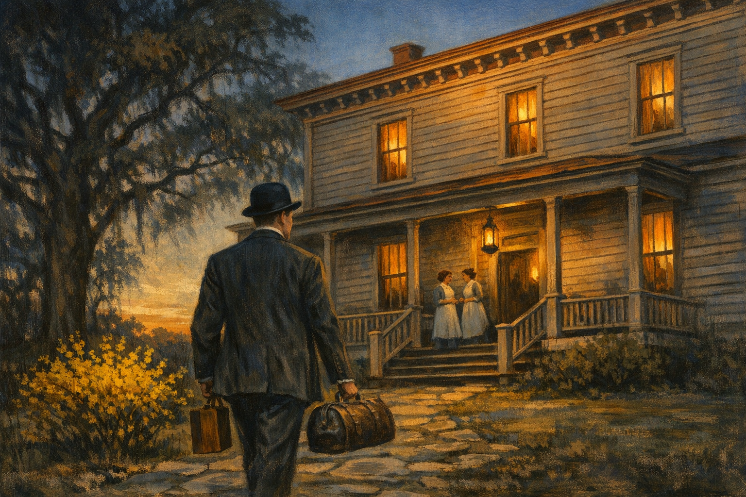 An editorial painting of dusk in the spring of 1914 at a Mississippi state institutional building. A clean-shaven public-health physician in a dark wool three-piece suit and bowler hat walks up the stone path to the front porch carrying a leather doctor's bag and a small oak case for a portable microscope. Two white-aproned staff stand chatting on the porch under a hanging kerosene lantern; tall sash windows above are lit warm amber from inside. Long evening shadows fall across the lawn under tall live oaks.