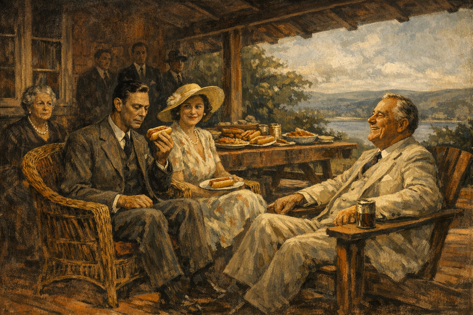 An editorial painting of the afternoon of June 11, 1939, on the front porch of Franklin Roosevelt's hilltop retreat Top Cottage at Hyde Park, New York. King George VI in a dark tweed suit holds a hot dog in a soft white bun cautiously by one end, Queen Elizabeth beside him in a pale summer dress and straw hat, President Roosevelt opposite in a pale linen suit beaming with the satisfaction of a host who got exactly what he asked for. FDR's mother Sara Roosevelt sits to the side visibly horrified. Warm terracotta afternoon light catches the porch boards against deep umber shadow under the cottage eaves.