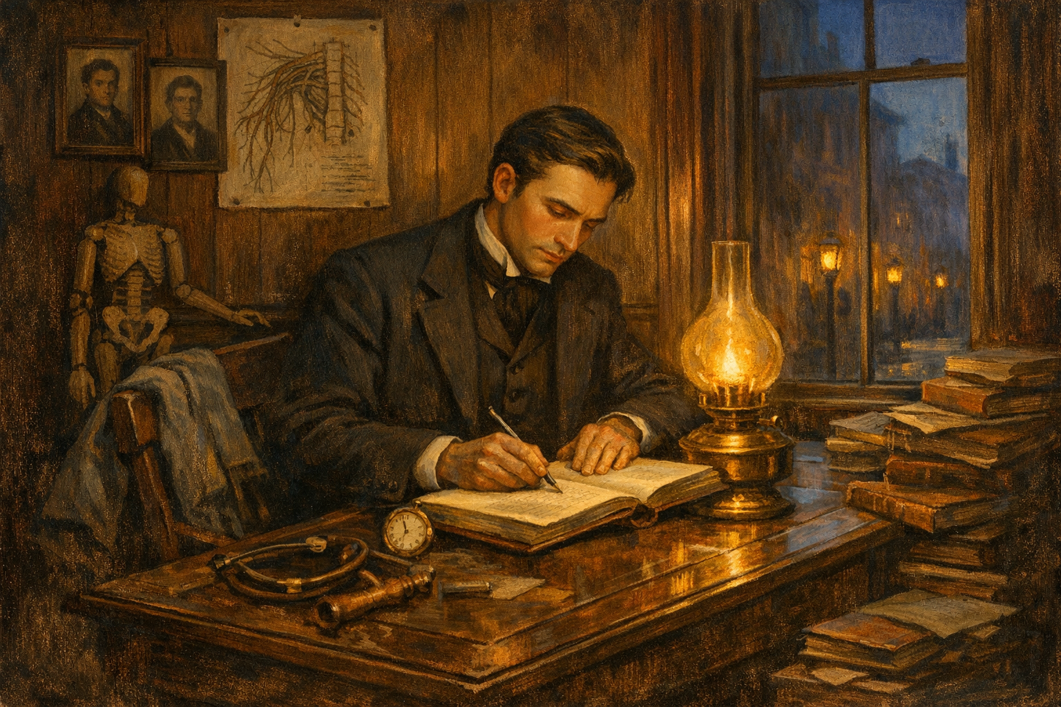 An editorial painting of the small case-history office at Turner's Lane Hospital in Philadelphia in the autumn of 1864. Silas Weir Mitchell, a clean-shaven physician in his mid-thirties, sits at an oak roll-top desk in a dark three-piece suit, writing case notes by the warm amber light of a single brass kerosene lamp. A pinned anatomical diagram of the brachial plexus is visible on the panelled wall behind him; deep cool blue twilight is visible through a tall sash window beside the desk.