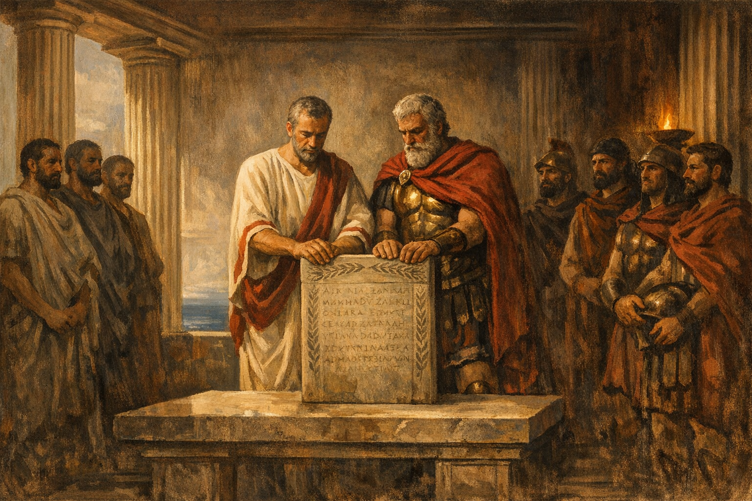 An editorial painting of the signing of the Peace of Nicias in a marble council chamber in Athens in March 421 BC. The Athenian general Nicias and King Pleistoanax of Sparta stand together at a stone table with hands clasped over a marble treaty stele, attendants in togas and military cloaks watching in attentive silence. Warm terracotta afternoon light falls through a doric portico, deep umber shadow on the high columns, a band of cool steel-blue Aegean visible through an open archway behind them.