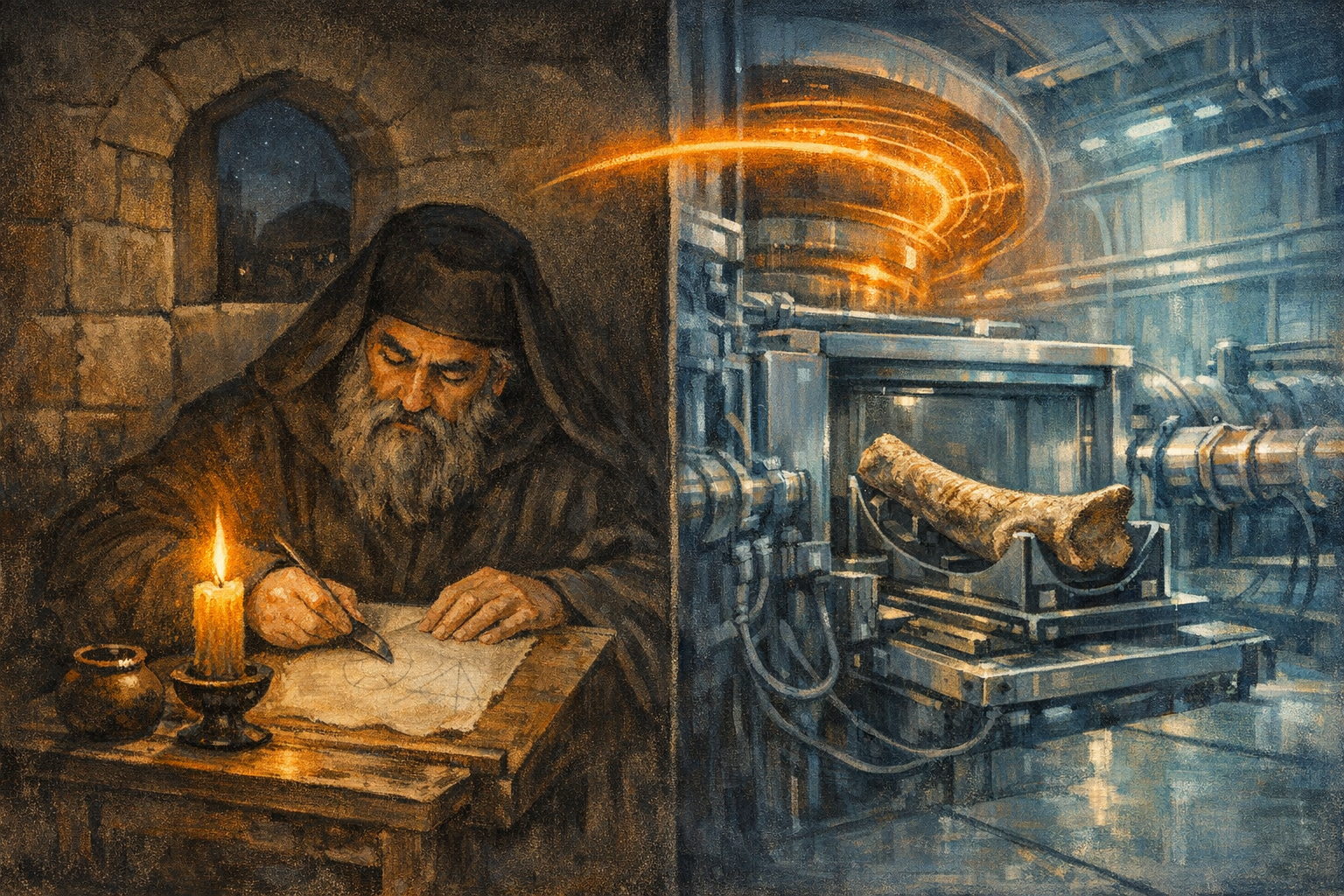 An editorial painting in two halves: on one side a Greek Orthodox monk in 1229 Jerusalem scrapes ink from a sheet of parchment by candlelight at a sloped writing desk, ghost-shadows of erased Greek geometric diagrams just visible; on the other side, the polished interior of a modern synchrotron beamline hall in cool steel-blue light contains a fossilised dinosaur rib bone in an X-ray hutch with faint glowing rings of warm orange iron-fluorescence emerging from a healed fracture. A single luminous ribbon of warm orange light arcs across the centre of the image, joining the candle to the synchrotron beam.