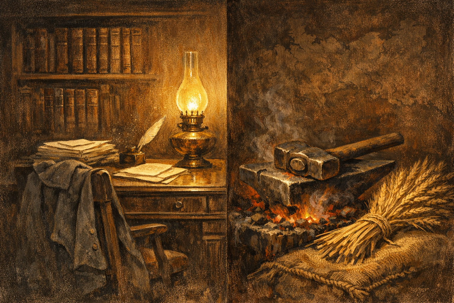 An editorial painting in two halves: on one side a Berlin chancellery study at night in spring 1878 with a heavy oak writing desk under a brass oil lamp, a quill and inkwell, an iron-grey wool greatcoat draped over a wooden chair, leather-bound legal volumes in deep umber shadow; on the other side a still-life of an antique cast-iron foundry hammer resting on a cooling forge anvil with deep red embers, beside a sheaf of golden-brown rye wheat tied with twine on a coarse hessian sack, all lit by warm amber lamp-light, with a faint editorial map of the German Reich just visible in the deep umber background.
