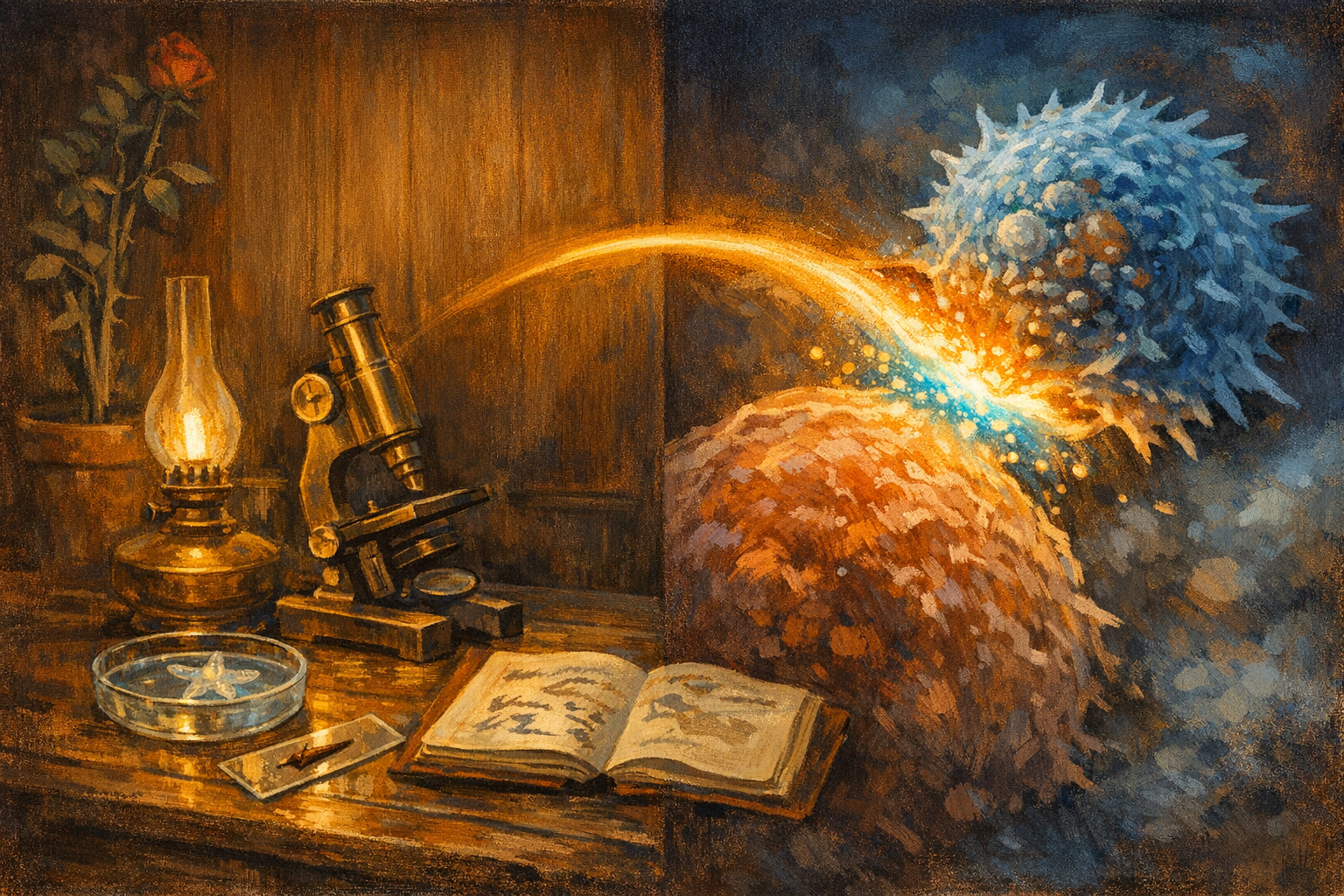 Editorial split-frame painting. On the left, a nineteenth-century Sicilian home laboratory at night with a brass tabletop microscope, a glass dish containing a transparent starfish larva, a rose thorn resting on a microscope slide, a brass oil lamp, an open leather-bound notebook, and a potted rose plant in the corner. On the right, a painterly rendering of the cellular event the historical scene could only infer: a cytotoxic immune cell touching a larger tumour cell at their immunological synapse, with the contact dome glowing in warm amber and electric cyan. A luminous ribbon of warm amber light arcs across the centre of the image, joining the lamp on the left to the synapse on the right.