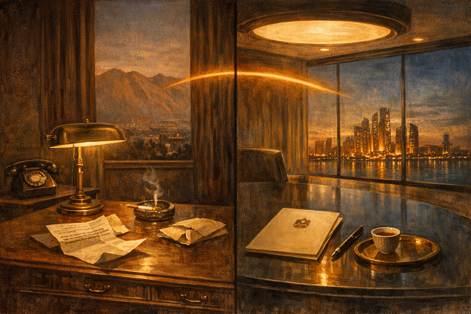 An editorial split-frame painting. On the left, a 1959 Caracas ministry study at night: a heavy oak desk under a brass desk lamp with a curling cable telegram, a torn London airmail envelope, a glass ashtray with one burning cigarette, a black bakelite rotary telephone, and a tall window looking out over the Caracas valley with the Avila mountains as a pale silhouette. On the right, a 2026 Abu Dhabi conference room overlooking the Persian Gulf at dusk: a polished obsidian conference table with a closed cream-coloured folder bearing a small embossed UAE national insignia, a slim modern fountain pen, a small cup of Arabic coffee on a brass tray, and a glass-and-amber Abu Dhabi skyline glowing warm against a band of cool steel-blue twilight. A luminous ribbon of warm amber light arcs across the centre of the image, joining the desk lamp on the left to the ceiling lamp on the right.