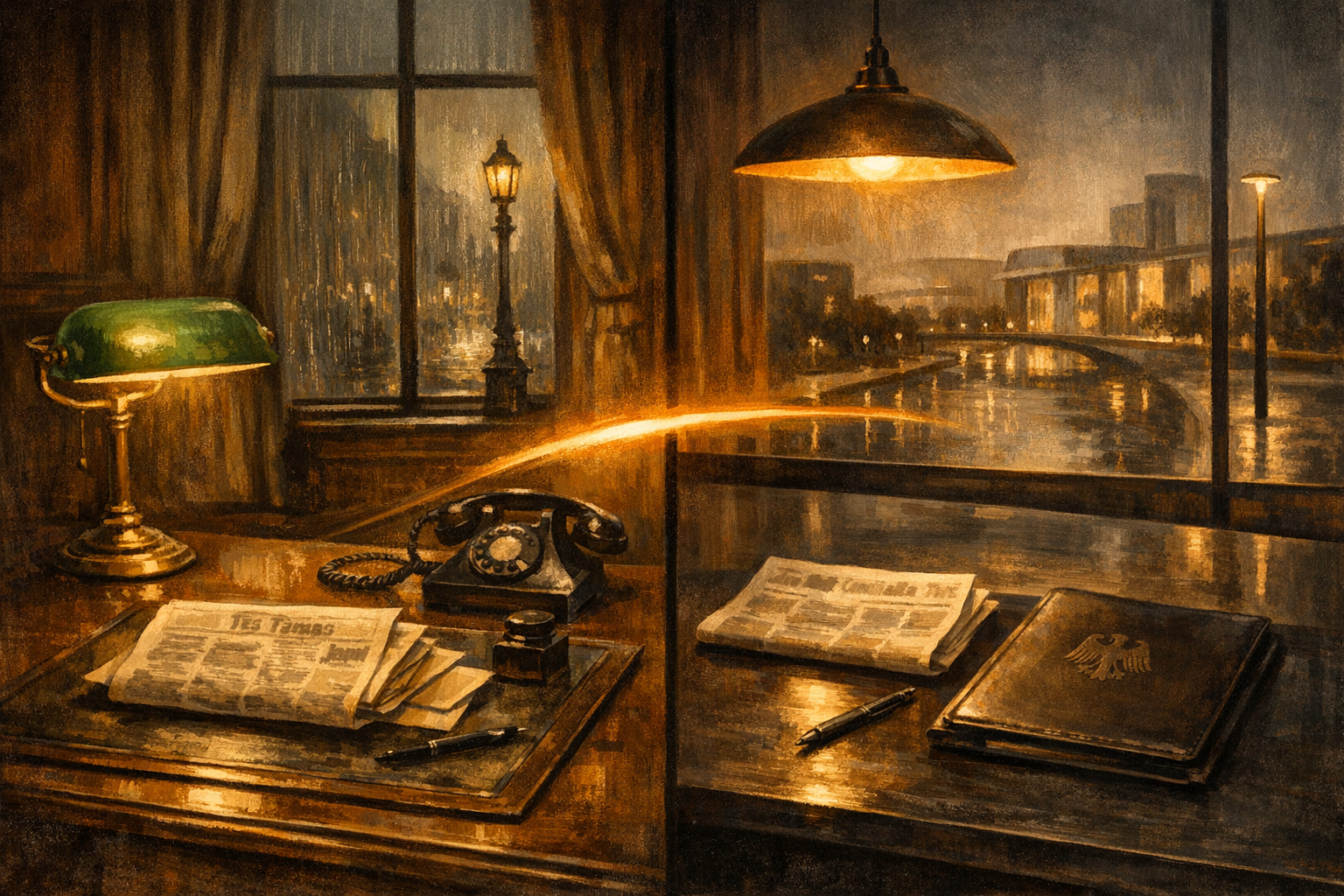 An editorial split-frame painting. On the left, the Chancellor of the Exchequer's study at HM Treasury in London on a November evening in 1956: a heavy oak desk under a green-shaded brass banker's lamp, a folded Times, a stack of reserve-figure telegrams, a bakelite rotary telephone with the receiver lifted, a fountain pen and inkwell, and a tall sash window onto a wet Whitehall street. On the right, the Federal Chancellery study in Berlin on a May evening in 2026: a polished black-stained oak conference desk under a warm pendant lamp, a folded German broadsheet, a closed dark leather portfolio embossed with a German federal eagle, a slim modern matte-black fountain pen, and a tall floor-to-ceiling window onto a wet Spreebogen district. A luminous ribbon of warm amber light arcs across the centre of the image, joining the banker's lamp on the left to the pendant lamp on the right.
