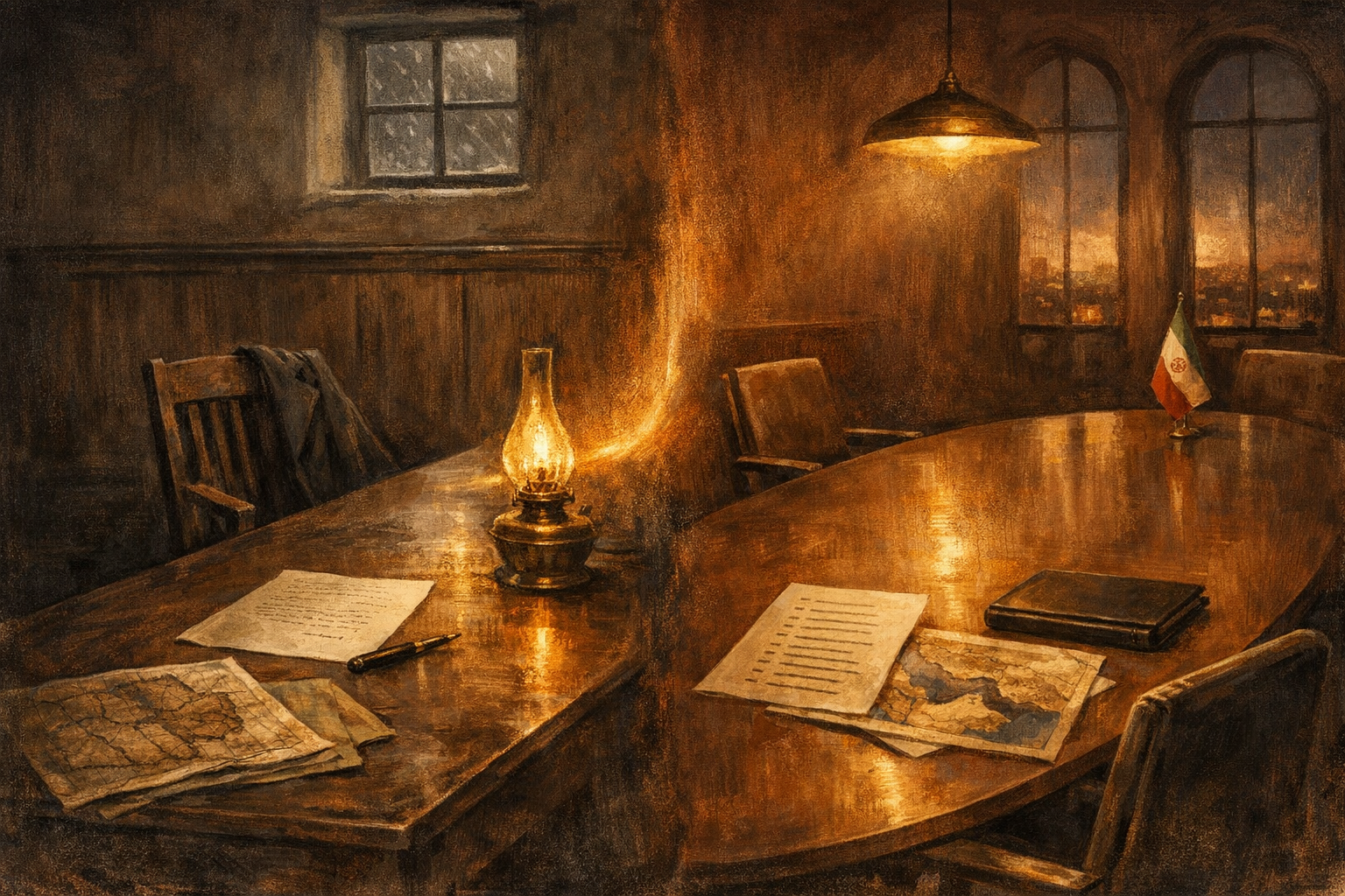 Editorial split-frame painting. On the left, the windowless garrison hall at Brest-Litovsk in February 1918: a long dark oak negotiating table running across the frame, a wooden chair pushed back at an angle on the Russian side as if its occupant has just left, a sheet of unsigned typed treaty text face up on the table, a fountain pen, a folded map of the Russian western frontier, a single brass oil lamp throwing warm amber light, a black wool greatcoat over the back of the chair, deep umber wood-panelled wall behind. On the right, a 2026 diplomatic conference room in Islamabad: a long oval modern walnut conference table, a single empty modern leather chair pushed back at an angle, a folded printed document of fourteen numbered points laid face up on the table, a closed leather portfolio, a folded political map of the Persian Gulf and Strait of Hormuz, a small Iranian flag at the far end, deep terracotta walls, soft warm pendant lighting from above. A luminous ribbon of warm amber light arcs across the centre of the image, joining the brass oil lamp on the left to the pendant lamp on the right.