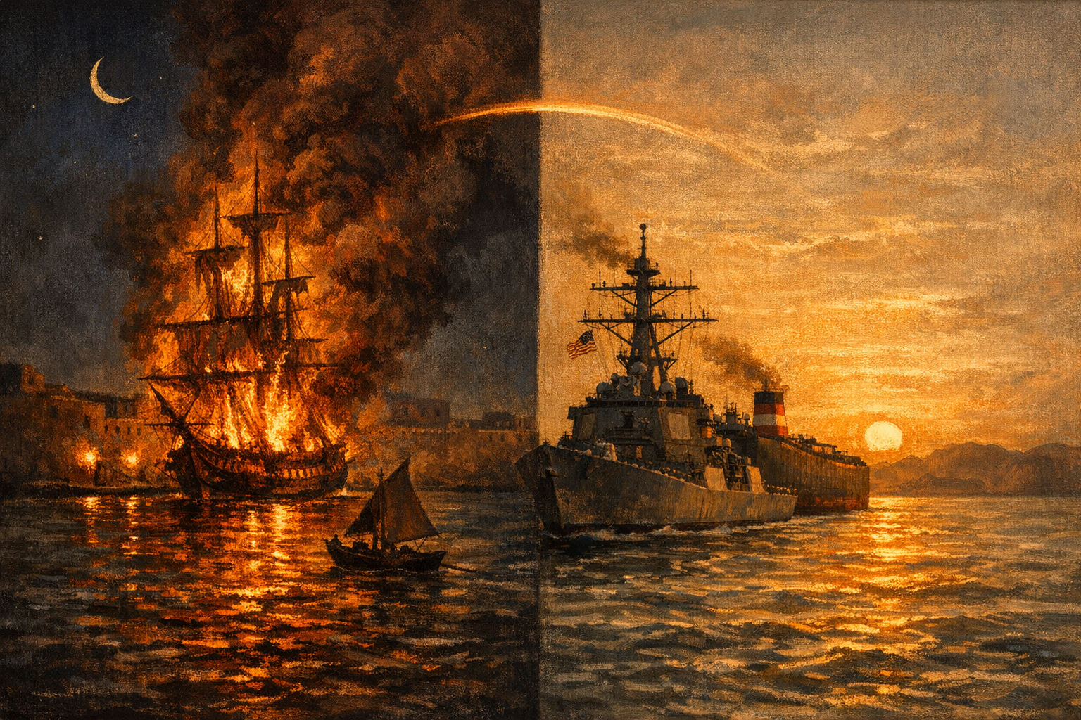 Editorial split-frame painting. On the left, the harbour of Tripoli on the night of 16 February 1804 with the captured frigate USS Philadelphia ablaze at her mooring: a tall three-masted square-rigged sailing frigate fully engulfed in tall orange and warm-amber flames climbing into the dark cobalt night sky, dense black smoke billowing in great curling columns above the masts, the warm-orange glow reflecting on the dark harbour water below, the small dark silhouette of a fleeing ketch at the right edge, the long red-stone wall of the Tripolitan harbour fortifications running across the back in deep umber shadow with two distant batteries firing alarm guns. On the right, the Strait of Hormuz at dawn on 4 May 2026: a long modern grey US Navy guided-missile destroyer steaming on a parallel course alongside a much larger dark commercial crude-oil tanker, the destroyer's mast bristling with phased-array radar panels, a small American flag flying from the destroyer's mainmast, the warm-amber and rose dawn sky filling the upper third with a low pale sun rising behind the distant brown silhouette of the Iranian shore. A luminous ribbon of warm amber light arcs across the centre of the image, joining the burning frigate on the left to the dawn sun on the right.