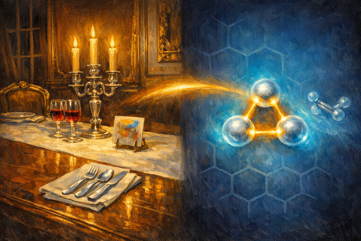Editorial split-frame painting. On the left, the interior of a state banquet at the Tuileries Palace in Paris on a summer evening in 1855: a long polished oak banquet table set with a cream linen tablecloth, a grand silver candelabra with three lit beeswax candles throwing warm amber light, a single setting of silvery-white aluminium cutlery on a folded linen napkin in front of the camera-side place glowing dully in the candlelight, an empty Louis-XV gilded chair pushed back, gilt-and-mirror panelled wall behind in deep umber shadow, no figures. On the right, the central composition of the cyclotrialumane molecule: a small painterly triangle of three glowing aluminium atoms, each rendered as a translucent silvery sphere haloed by a faint cool electric-cyan glow representing held electron density, the three atoms connected by short warm-gold bonds, the triangle suspended in a cool steel-blue benzene background suggested as faint hexagonal painterly motifs, a translucent ghost of an ethene molecule approaching from the right edge about to insert into one vertex, deep cobalt background fading to black at the corners. A luminous ribbon of warm amber light arcs across the centre of the image, joining the candelabra on the left to the glowing aluminium triangle on the right.