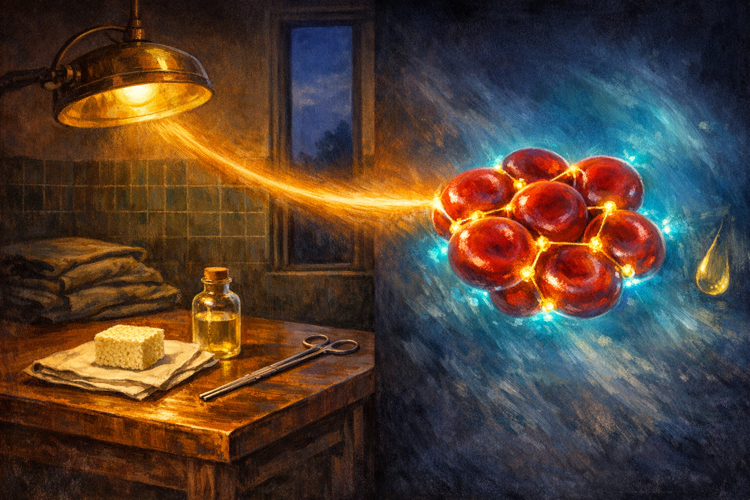 Editorial split-frame painting. On the left, the interior of an Allied forward neurosurgical operating theatre on a quiet evening in summer 1944: a brass surgical lamp throws a strong directional warm-amber pool of light onto a polished wooden instrument table at the centre of the half-frame; on the table a small dehydrated open-pore sponge of pale cream fibrin foam about two inches square sits on a folded square of cream surgical linen, beside it a small clear glass bottle of pale-yellow thrombin solution and a long stainless-steel surgical forceps; the green-tiled walls of the theatre fade into deep umber shadow at the corners. On the right, a stylised rendering of the McGill click-clot: a small painterly cluster of perhaps eight crosslinked red blood cells, each cell a translucent biconcave disc of deep ruby red linked to its neighbours by short bonds of warm gold light at chemical handles on their surfaces, each cell haloed with a faint cool electric-cyan glow, the cluster suspended in a cool steel-blue plasma background. A luminous ribbon of warm amber light arcs across the centre of the image, joining the surgical lamp on the left to the cluster on the right.