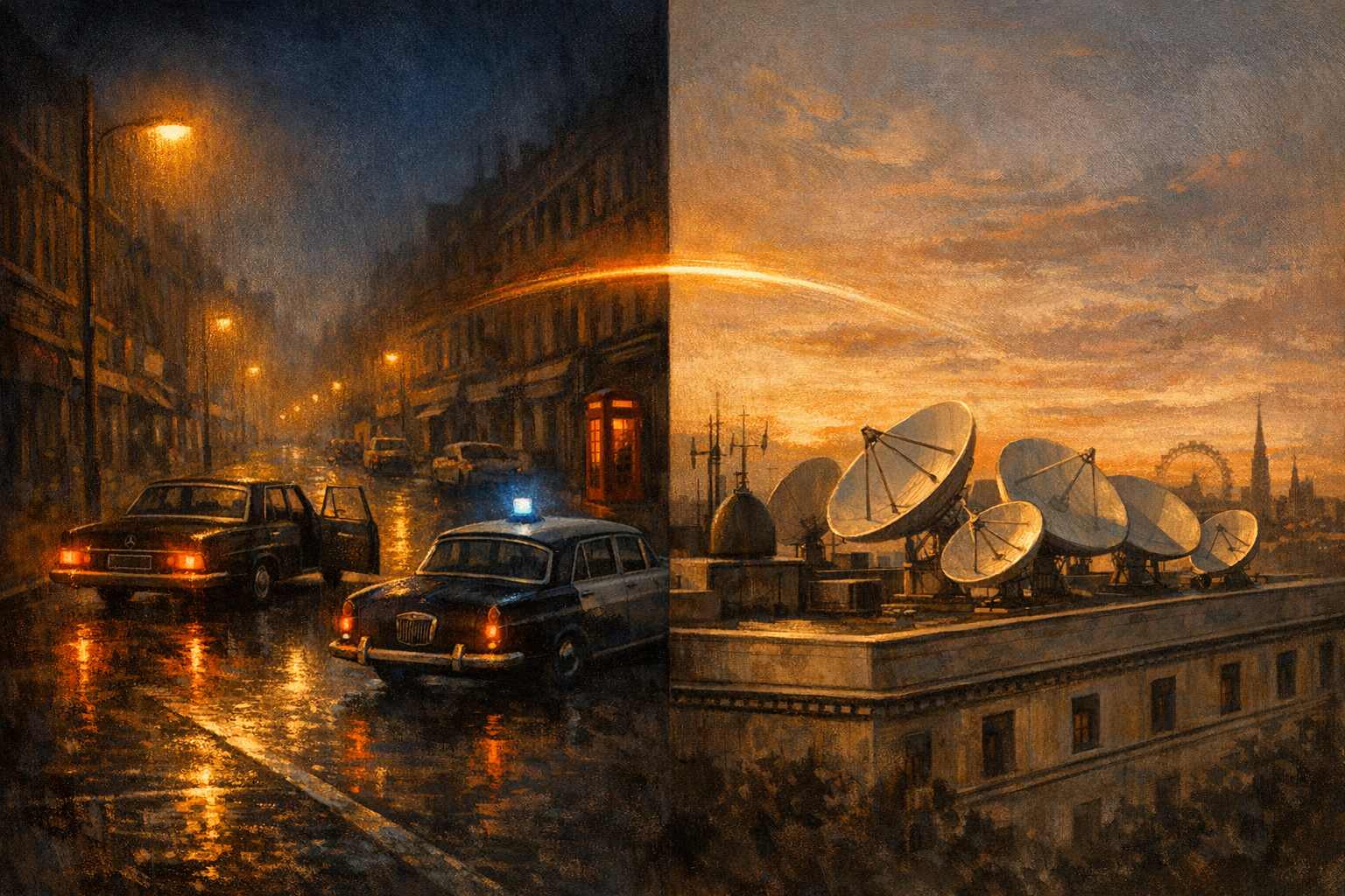 Editorial split-frame painting. On the left, a deserted West End street scene of Tottenham Court Road at one-thirty in the morning on 31 August 1971: a wet rain-slicked tarmac road reflects the warm amber pools of period sodium streetlamps, a dark green Mercedes-Benz saloon is stopped at an angle in the middle of the road with its driver-side door slightly ajar and tail lights glowing red, a single black Wolseley police car of early-1970s Metropolitan Police pattern is parked alongside with its painterly blue roof lamp glowing cool blue, the long rows of darkened shopfronts of the early-1970s West End fade into deep umber shadow, a single illuminated red telephone box stands at the right edge, a deep cobalt sky above with no moon. On the right, the Russian Embassy diplomatic compound rooftop in the Donaustadt district of Vienna at dawn on 4 May 2026: a long flat modern grey-stone rooftop bristles with eight large white parabolic satellite dishes mounted on slim steel pedestals at varying angles, a small cluster of slim antenna masts and a single matt-black radome at the corner, a thin trail of warm-amber dawn light catches the upper rims of the dishes from camera-right, the building's pale Habsburg-yellow stone façade runs along the lower edge, behind the rooftop a wide warm-amber and rose dawn sky fills the upper portion of the half-frame with the silhouettes of distant Vienna spires on the horizon. A luminous ribbon of warm amber light arcs across the centre of the image, joining the warm sodium streetlamps of 1971 London on the left to the dawn-lit antennas of 2026 Vienna on the right.