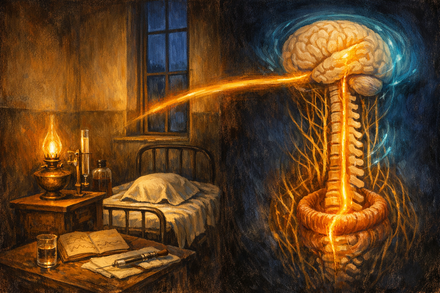 Editorial split-frame painting. On the left, a children's ward at the University of Kiel in 1888: a brass oil lamp throws warm-amber light onto a cast-iron child's hospital bed under a folded linen sheet (no body visible), beside the bed a fine steel hypodermic needle and stylet on a folded swab, a brass clamp-stand with a glass measuring tube of clear cerebrospinal fluid, a bottle of carbolic acid, a clinical notebook open at a hand-drawn pressure curve in iron-gall ink, the green-tiled walls of the ward fading into deep umber. On the right, a stylised rendering of the brain-abdomen pumping mechanism: a vertical cross-section of a human spinal column with a translucent pale-cream brain at the top, the brain visibly displaced a fraction by warm-amber pressure rising from a contracted abdomen at the lower right rendered as concentric muscle-fibre rings, the vertebral venous plexus running parallel to the spine as fine warm-gold tendrils, a translucent halo of cool electric-cyan cerebrospinal fluid around the brain, deep cobalt background. A luminous ribbon of warm amber light arcs across the centre of the image, joining the brass oil lamp on the left to the glowing brain on the right.