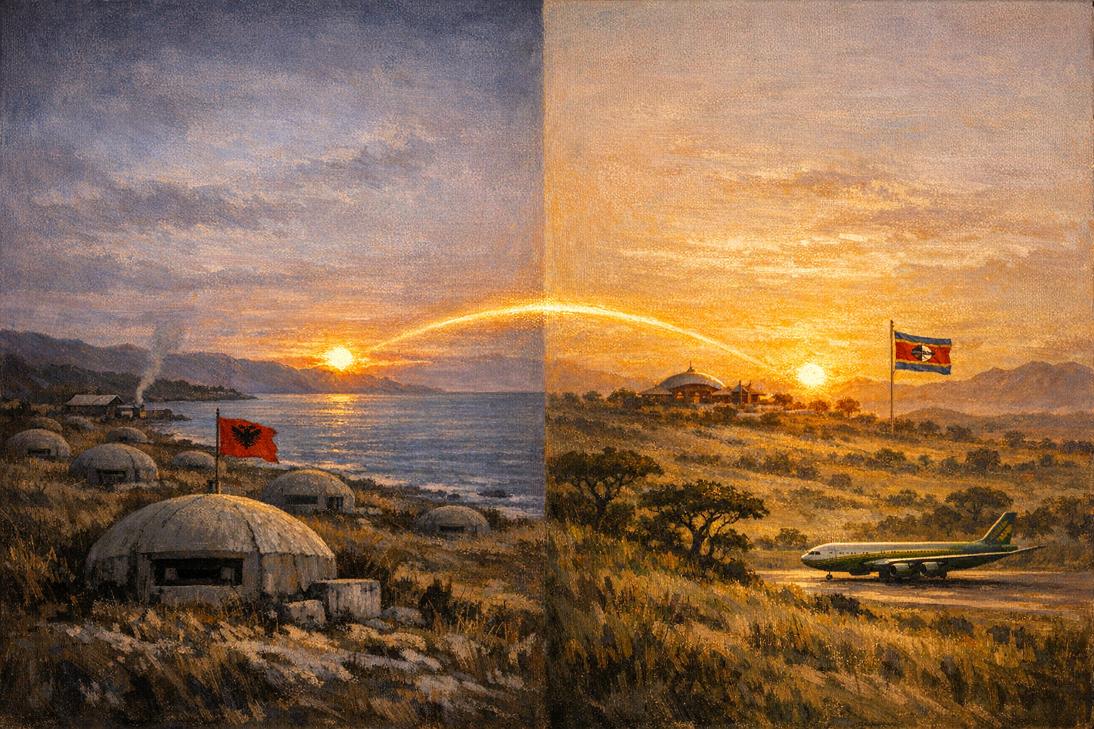 Editorial split-frame painting. On the left, the long bleak winter coastal landscape of the southern Albanian Adriatic in late 1971: a low cliff of pale grey limestone runs across the lower third, the cool grey-blue Adriatic Sea stretches to the horizon, the long line of low coastal hills behind is dotted with a dense field of small painterly concrete dome bunkers of the Hoxha pattern (low concrete domes with single horizontal slit firing-ports facing seaward), each partly buried in long winter grass, a single faint painterly Albanian red-and-yellow flag on a slim staff at the central command bunker, a wide deep cobalt and pale-rose dusk sky with a low pale winter sun setting over the Adriatic. On the right, the rolling green highveld of central Eswatini at dawn in early May 2026: a long sweep of pale yellow-green grassland and acacia savanna runs across the lower half, a small modern hilltop royal compound is visible in the deep distance with the curved roof of the Mandvulo International Conference Hall, a single tall flagstaff at the compound flies the blue-yellow-red Eswatini flag, a single small Royal Eswatini Airways Airbus A340 wide-body in green-and-yellow livery sits on a small remote runway, a wide warm-amber and rose African dawn sky fills the upper portion with the silhouettes of distant mountains. A luminous ribbon of warm amber light arcs across the centre of the image, joining the setting Adriatic sun on the left to the rising African dawn on the right.