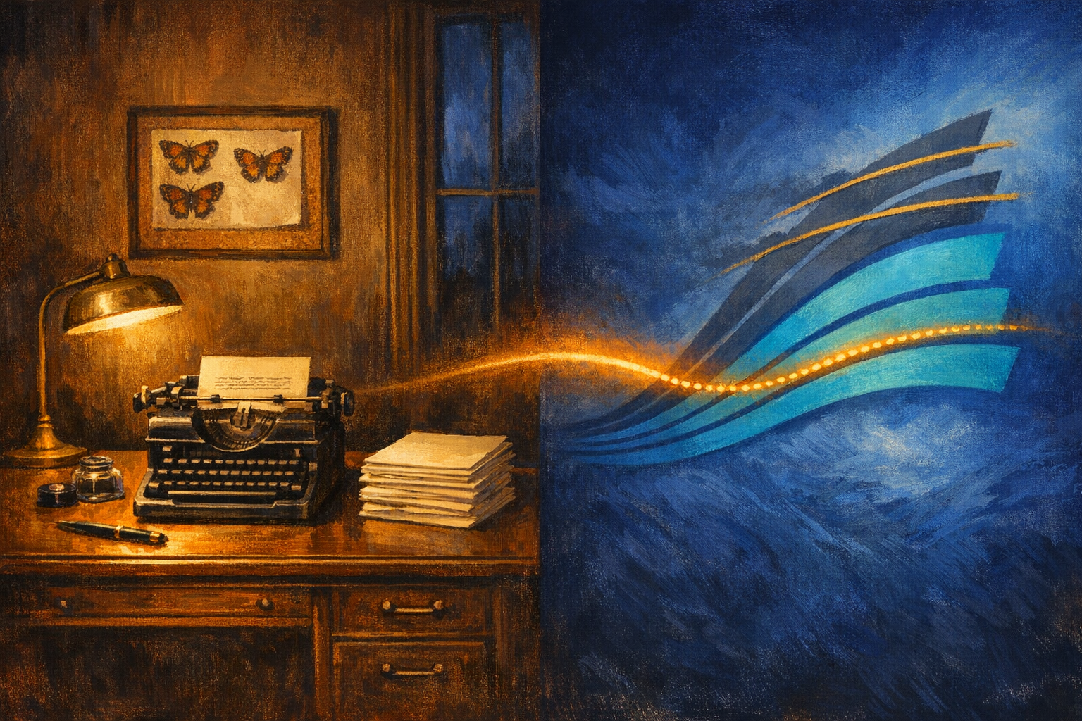 Editorial split-frame painting. On the left, Paul Ehrlich's Stanford study in May 1968: a walnut writing desk with a heavy black 1960s manual typewriter, a sheet of cream paper in the carriage, a stack of 30 typed pages as the just-finished Population Bomb manuscript, a brass desk lamp throwing warm-amber light, a small framed corkboard of pinned butterfly specimens on the panelled wall behind, a casement window in deep cobalt evening shadow, no figures. On the right, the 2026 climate-scenario fan diagram: seven painterly trajectory lines diverging upward from a common origin, the topmost three (RCP8.5, SSP5-8.5, SSP3-7.0) rendered in deep faded grey with thin warm-gold strike-through lines indicating retirement, the central four moderate scenarios rendered in vivid cool electric cyan, a dotted warm-amber observed emissions line running through the central cluster, deep cobalt background. A luminous ribbon of warm amber light arcs across the centre of the image, joining the brass desk lamp on the left to the observed trajectory line on the right.