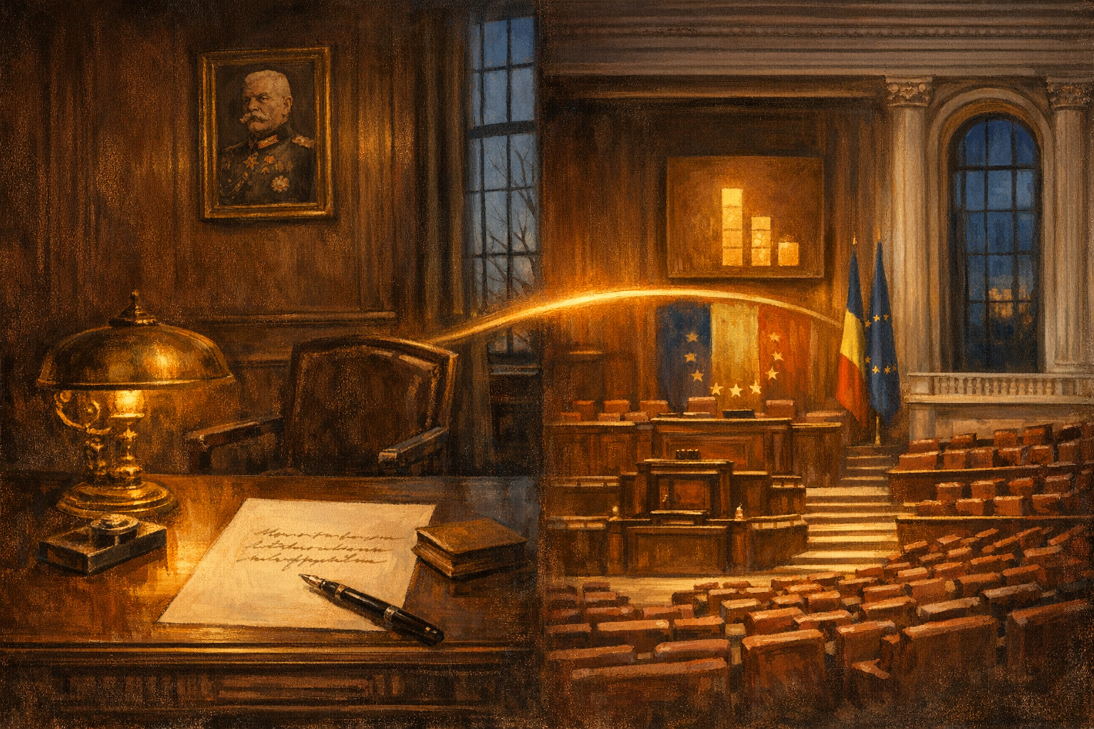 Editorial split-frame painting. On the left, the interior of the Reich Chancellery in Berlin on the late afternoon of 27 March 1930: a heavy dark walnut writing desk holds a single sheet of cream Reich Chancellery letterhead bearing a short typed German resignation paragraph signed in iron-gall ink, a wide-nibbed silver fountain pen lying diagonally across the page, a small folded blotter, a heavy gilded ormolu desk lamp throwing a tight warm-amber pool, the chair pushed back at a slight angle as if its occupant has just stood, deep umber walnut panelling fading behind, a tall narrow leaded casement window on the right showing the cool steel-blue Berlin late-March dusk. On the right, the interior of the Palace of the Parliament in Bucharest on the evening of Tuesday 5 May 2026: the wide curved tiers of the joint-session chamber rise in deep red leather and pale-marble columns, the speaker's rostrum is at the lower-centre with the Romanian tricolour and the EU twelve-stars on the back wall, a tall tally board hangs above the rostrum showing the no-confidence vote result as a three-line column of vote-count slabs in pale gold, the empty seats of Bolojan's coalition on one tier and the densely packed PSD and AUR opposition on the opposite tier. A luminous ribbon of warm amber light arcs across the centre of the image, joining the desk lamp on the left to the tally board on the right.