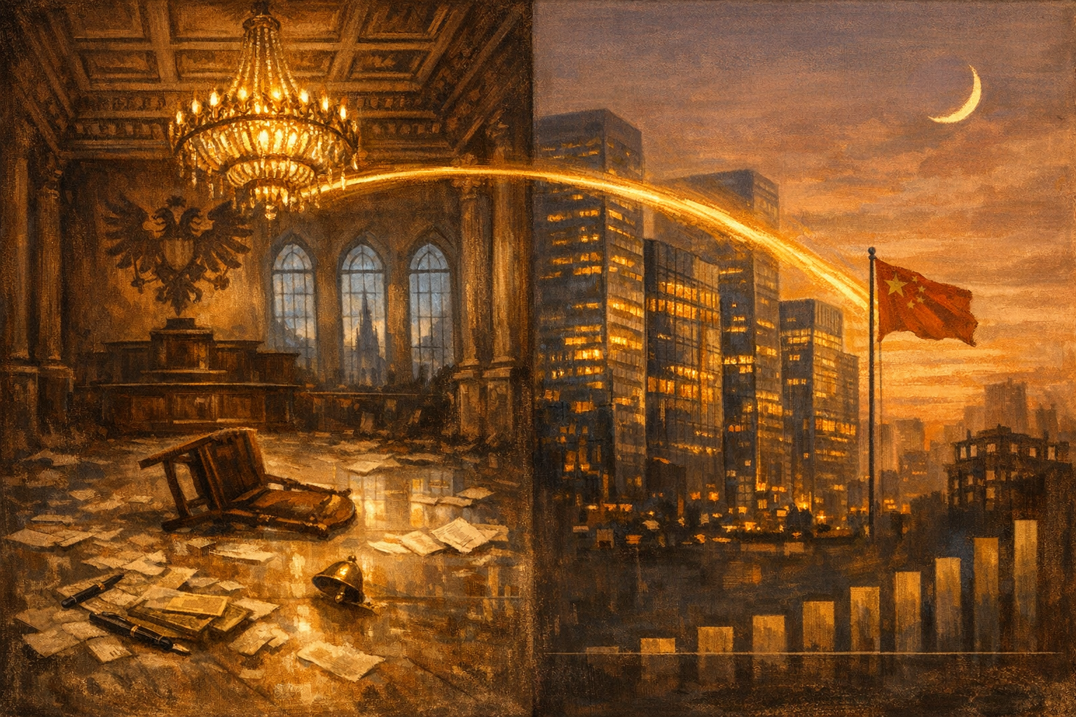 Editorial split-frame painting. On the left, the great vaulted neoclassical trading floor of the Wiener Börse on the chaotic morning of Black Friday 9 May 1873: the cool grey marble paving is strewn with abandoned painterly broker's slip-papers and torn telegrams, a tipped-over high-backed walnut broker's chair sits at the centre of the trading-pit, a single overturned brass desk-bell rolls toward the rostrum, a small painterly stack of fallen banknotes drifts across the marble, the painted Habsburg double-headed eagle on the back wall is in deep umber shadow, three tall arched leaded windows pour in cool steel-blue Vienna spring morning light, a great brass-and-crystal chandelier hanging from the coffered ceiling casts warm-gilded-gold light. On the right, the Beijing financial district at dusk in May 2026: the curved-roof flag-shaped headquarters of the People's Bank of China and adjacent banking towers rise in cool steel-blue glass and pale-grey stone, every long horizontal strip of upper-floor window glows warm amber from within against the cool steel-blue twilight, a tall PBOC flagpole flies the painterly red-and-gold five-star Chinese national flag, a faint painterly silhouette of an abandoned half-finished Chinese tower-block development sits at the right edge in deep umber shadow, a wide warm-amber and rose dusk Beijing sky fills the upper portion of the half-frame. A luminous ribbon of warm gilded-gold light arcs across the centre of the image, joining the chandelier of the Vienna Bourse on the left to the People's Bank of China headquarters on the right.