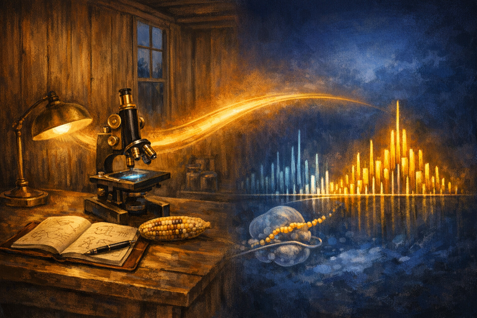 Editorial split-frame painting. On the left, Barbara McClintock's wooden field-hut laboratory at Cold Spring Harbor in 1948: a brass-and-black-iron upright optical microscope on a slate-topped bench under a brass desk lamp throwing warm-amber light, a glass slide on the microscope stage holding a painterly maize chromosome, beside the microscope an ear of seed corn with the mosaic kernel pattern of Activator-Dissociation pigmentation, a leather-bound notebook open with hand-drawn cytogenetic diagrams in iron-gall ink, deep umber shadow on the rough plank walls behind, no figures. On the right, a stylised mass-spectrometry chromatogram of the dark proteome: thirty narrow vertical mass-spectrum peaks rising from a baseline, the previously known protein peaks in cool electric cyan, a small cluster of fifteen newly catalogued peptidein peaks in vivid warm gold rising above the baseline, a faint ribosome cartoon at the lower-left translating a short non-canonical open reading frame, deep cobalt background. A luminous ribbon of warm amber light arcs across the centre of the image, joining the brass desk lamp on the left to the peptidein peaks on the right.