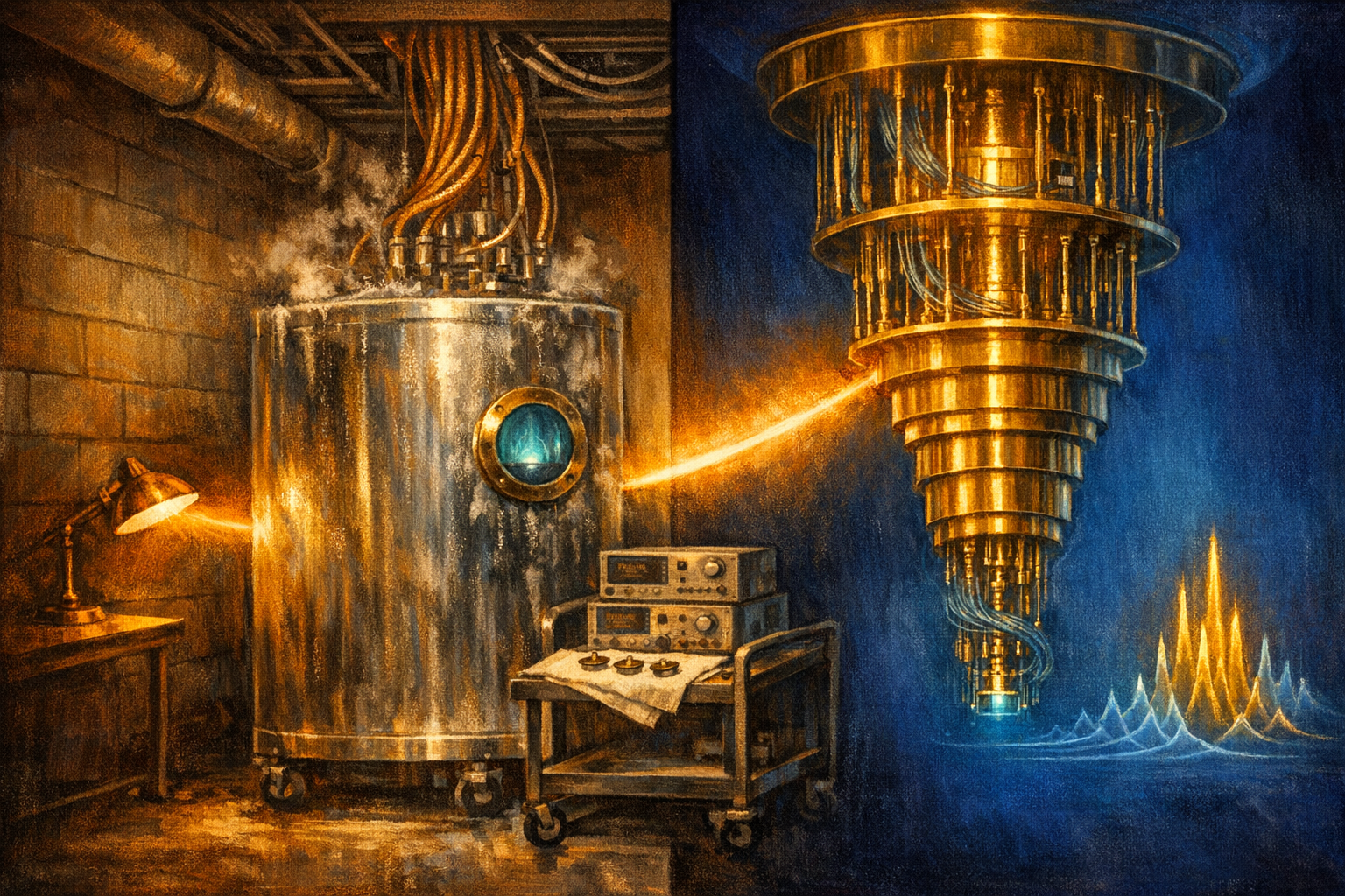 Editorial split-frame painting. On the left, a 1980 IBM basement laboratory at the Watson Research Center: a refrigerator-sized polished stainless-steel cryogenic dewar dotted with frost and vapour wisps of evaporating liquid helium, a brass-rim viewing port at the side with a faint cool electric-cyan glow inside (the Josephson logic chip at four kelvin), thick braided copper RF cable bundles emerging from the top into a ceiling rack, a side cart with three Josephson chips on cream linen and a pair of bench-top oscilloscopes, a brass desk lamp throwing warm-amber light, painted concrete-block walls fading into deep umber, no figures. On the right, a contemporary IBM dilution refrigerator at 15 millikelvin: a tall conical hanging refrigerator of polished gold-plated copper plates of decreasing diameter stacked vertically downward, a transmon qubit chip at the bottom catching a faint cool electric-cyan glow, fine cool-cyan superconducting cable bundles spiralling up between the plates, a translucent overlay of a fan of mass-spectrum-style trajectory peaks at the lower-right with vivid warm-gold quantum-advantage peaks above a cool-cyan classical baseline, deep cobalt background. A luminous ribbon of warm amber light arcs across the centre, joining the brass desk lamp on the left to the warm-gold quantum-advantage peaks on the right.