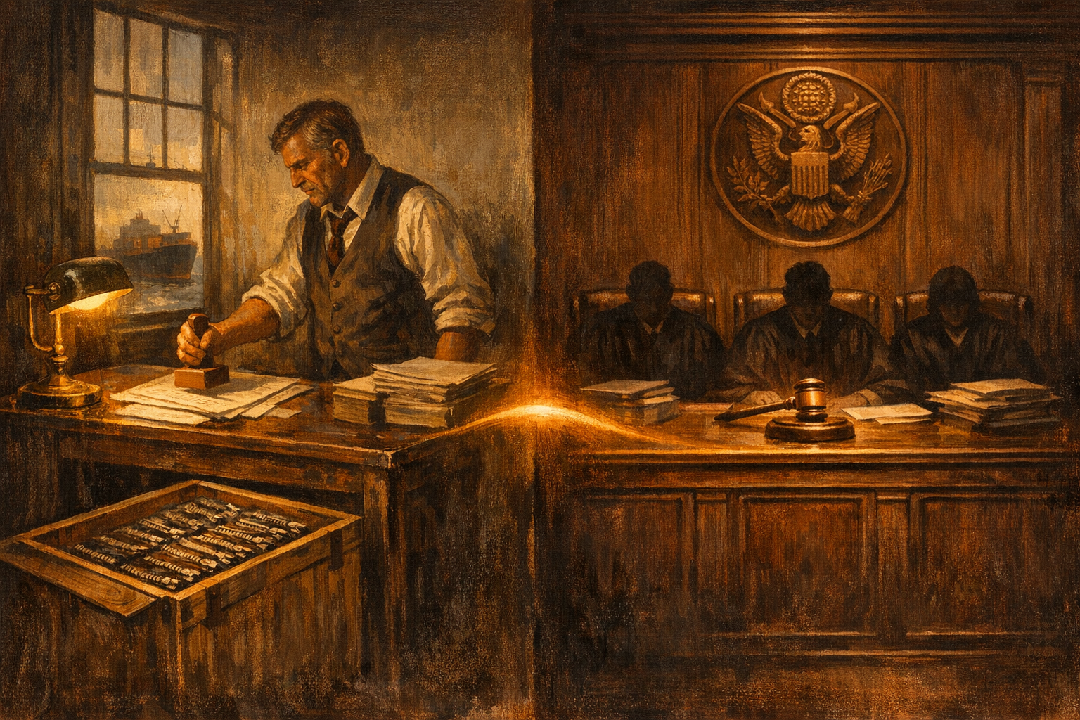 Editorial split-frame painting. On the left, a Manhattan customs warehouse in August 1971: a weathered American customs officer at a tall mid-century standing desk paused mid-strike with a heavy wooden-handled brass-headed customs stamp, beside him a wooden shipping crate stencilled with the maker's mark of Yoshida Kogyo Yokohama, the crate top hinged open to reveal a stack of polished metal zippers, a brass desk lamp with a green banker's shade casting warm amber light, a multi-paned warehouse window opening onto New York harbour. On the right, the United States Court of International Trade courtroom in lower Manhattan in May 2026: a polished oak three-judge bench with three black-robed federal judges (faces in shadow), a stack of legal briefs and a single ceremonial gavel resting on its wooden block at the centre, a carved wooden seal of the Court on the deep-umber panelled back wall, cooler overhead lighting on the documents and gavel. A luminous ribbon of warm amber light arcs across the centre, joining the brass desk lamp on the left to the gavel on the right.