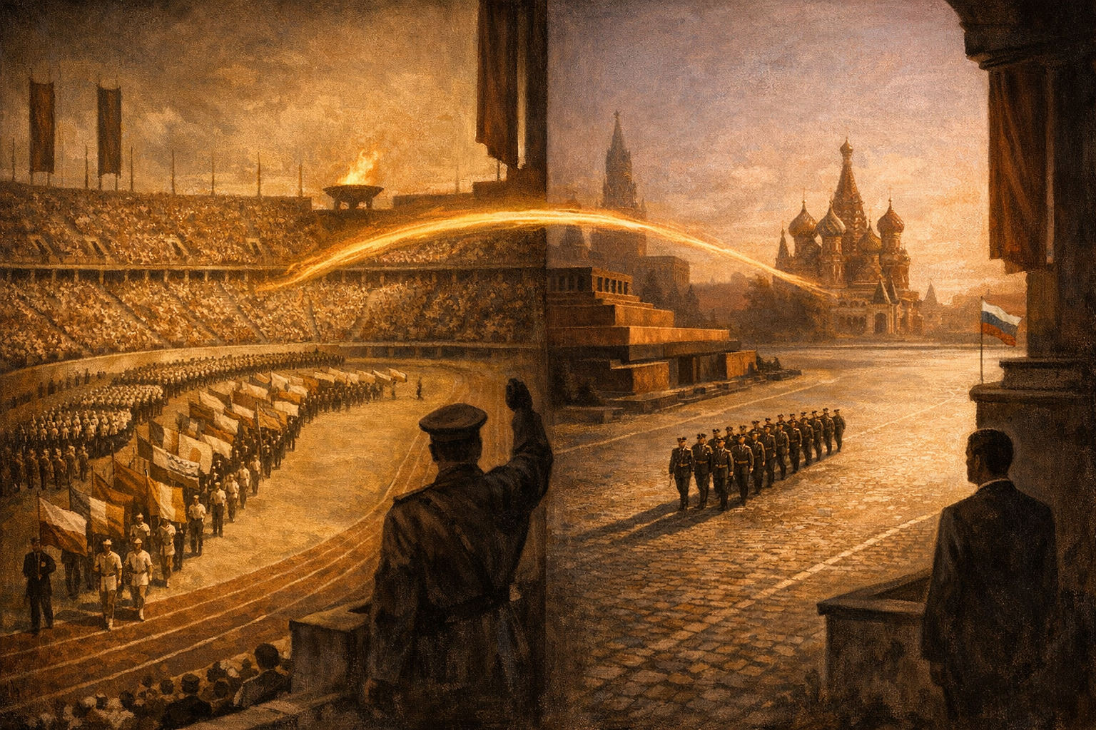Editorial split-frame painting. On the left, the interior of the Berlin Olympic Stadium on 1 August 1936: row upon row of national teams in dignified athletic dress marching in disciplined columns across the central oval athletic track, dozens of national flags carried at the head of each column, the great curved sweep of the stadium's pale stone seating filled with tiers of seated spectators, a single bronze cauldron with a warm amber Olympic flame burning on a tall pillar at the far end. On the right, Red Square in Moscow on the morning of 9 May 2026: a single small honour-guard column of about twenty-five Russian soldiers in dress uniforms marching in disciplined column past the Lenin Mausoleum, the great cobbled expanse of Red Square almost entirely empty around them, the iconic onion-domed silhouette of Saint Basil's Cathedral at the far end, the spires of the Kremlin wall fading into deep umber on the back wall, no military hardware visible. A luminous ribbon of warm amber light arcs across the centre of the frame, joining the bronze cauldron flame on the left to the small Russian flag on the right.