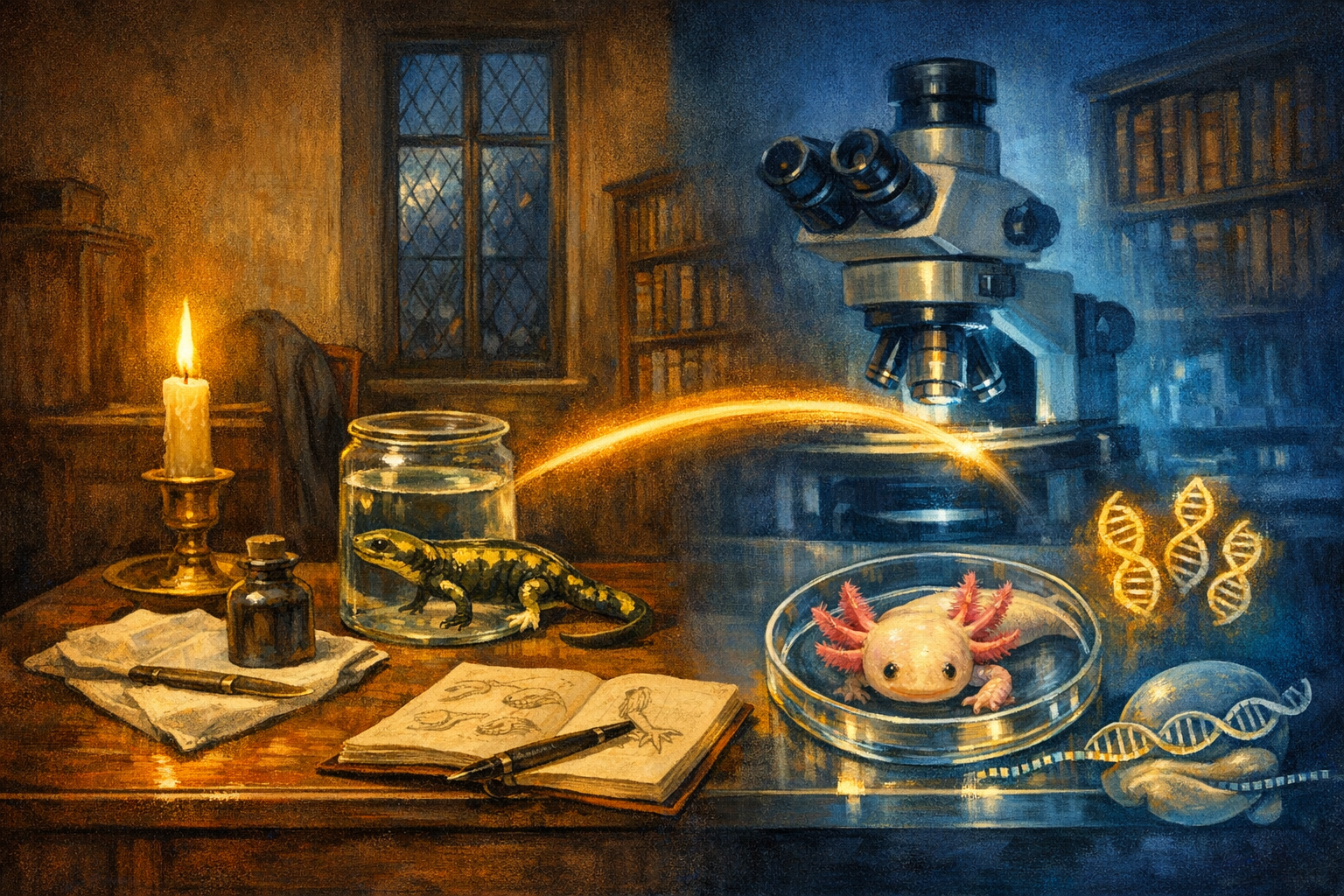 Editorial split-frame painting. On the left, Lazzaro Spallanzani's study at the University of Pavia in October 1768: a heavy walnut writing desk holding a glass jar of water containing a salamander with a freshly-regrown right hind leg, beside the jar a folded cream linen with a small apothecary bottle and a brass surgical scalpel, an open leather-bound laboratory notebook with hand-drawn ink anatomical diagrams of the leg in successive stages of regrowth, a fountain pen across the page, a tall beeswax candle in a brass holder casting warm-amber light, deep umber walnut-panelled background fading behind, no figures. On the right, a contemporary regenerative-biology bench in 2026: a polished stainless-steel laboratory bench with a tall benchtop microscope catching cool electric-cyan glow, a clear dish containing a Mexican axolotl viewed from above with its right forelimb in mid-regeneration, beside the dish a cluster of three glowing warm-gold helical DNA spirals representing the SP6 and SP8 transcription factors, a translucent ribosome cartoon at the lower-right reading the genes, deep cobalt background. A luminous ribbon of warm amber light arcs across the centre of the image, joining the candle on the left to the axolotl's regenerating limb on the right.