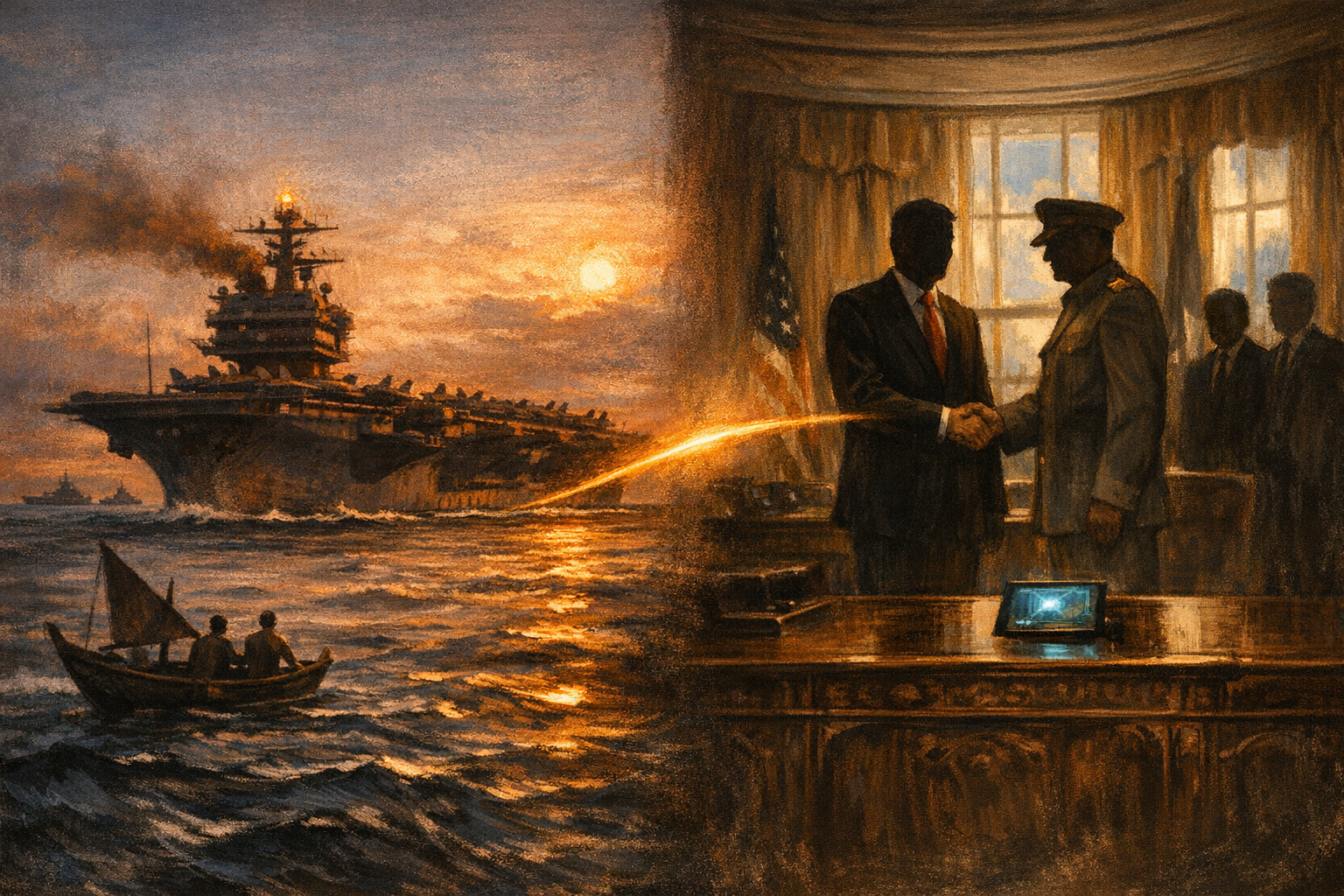 Editorial split-frame painting. On the left, the USS Enterprise nuclear-powered aircraft carrier steaming north through the Bay of Bengal at dusk on 15 December 1971: the massive 75,000-ton carrier in profile, the great rectangular flight deck running across the frame with F-4 Phantom and A-6 Intruder fighters parked in disciplined ranks, the tall island superstructure with radar masts and bridge windows, a warm amber running light, dark blue-black wave-crests below, a single small Indian wooden fishing dhow in the foreground watching the carrier pass, a wide warm-rose December dusk sky with a low warm-amber sun setting. On the right, the interior of the Oval Office of the White House on a clear afternoon in May 2026: a tall figure in dark wool suit and red silk tie shaking hands with a slim grey-uniformed Pakistani senior officer in Pakistan Army summer dress uniform with rank batons, both faces in deep shadow, the Resolute Desk with a small tablet glowing with a faint cool electric-cyan crypto governance interface, the curved cream-coloured wall and two tall French windows behind. A luminous ribbon of warm amber light arcs across the centre, joining the carrier's running light on the left to the glowing tablet on the right.